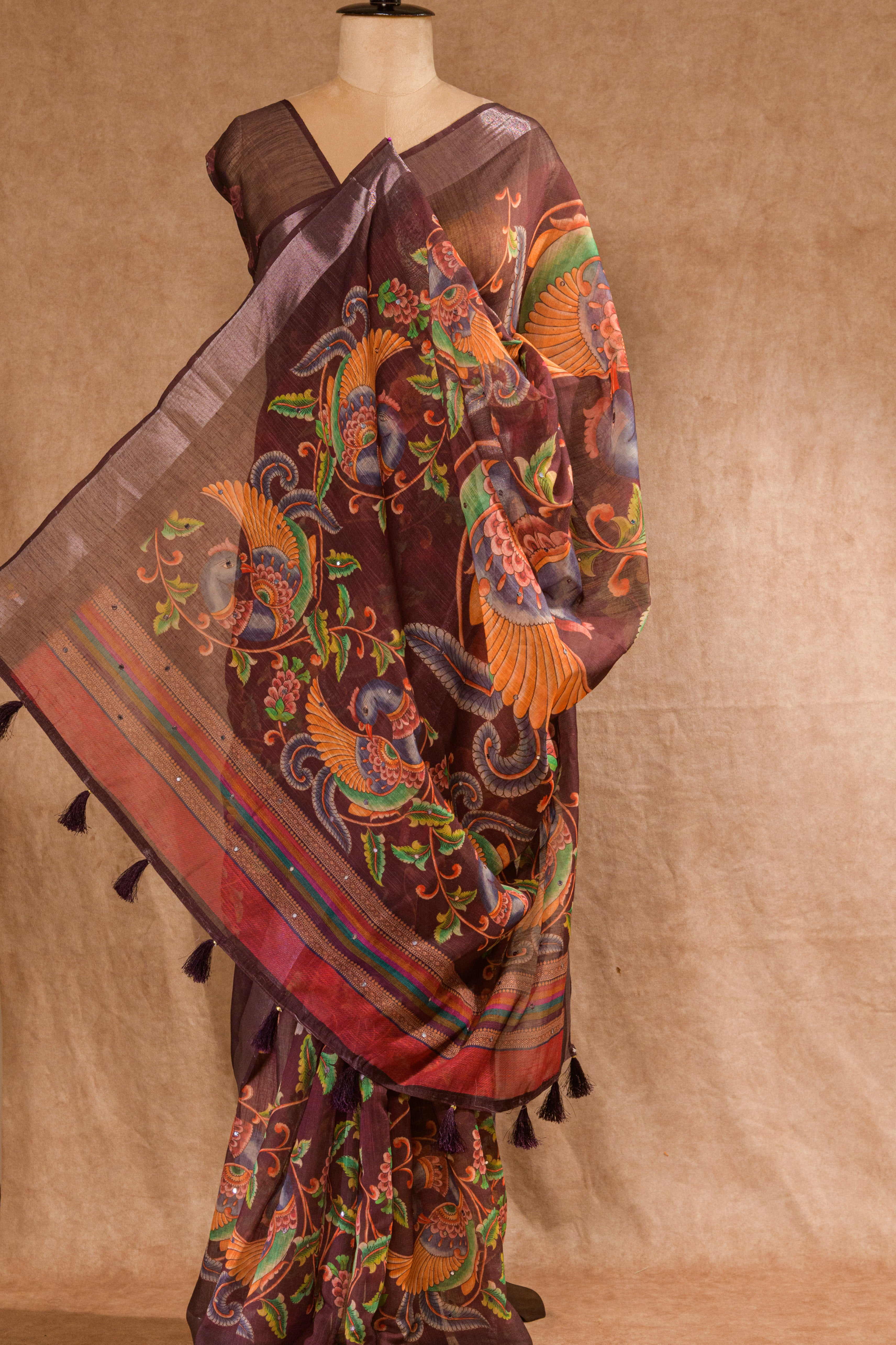 Coffee Brown Semi Linen Saree with Self-Print Blouse Piece