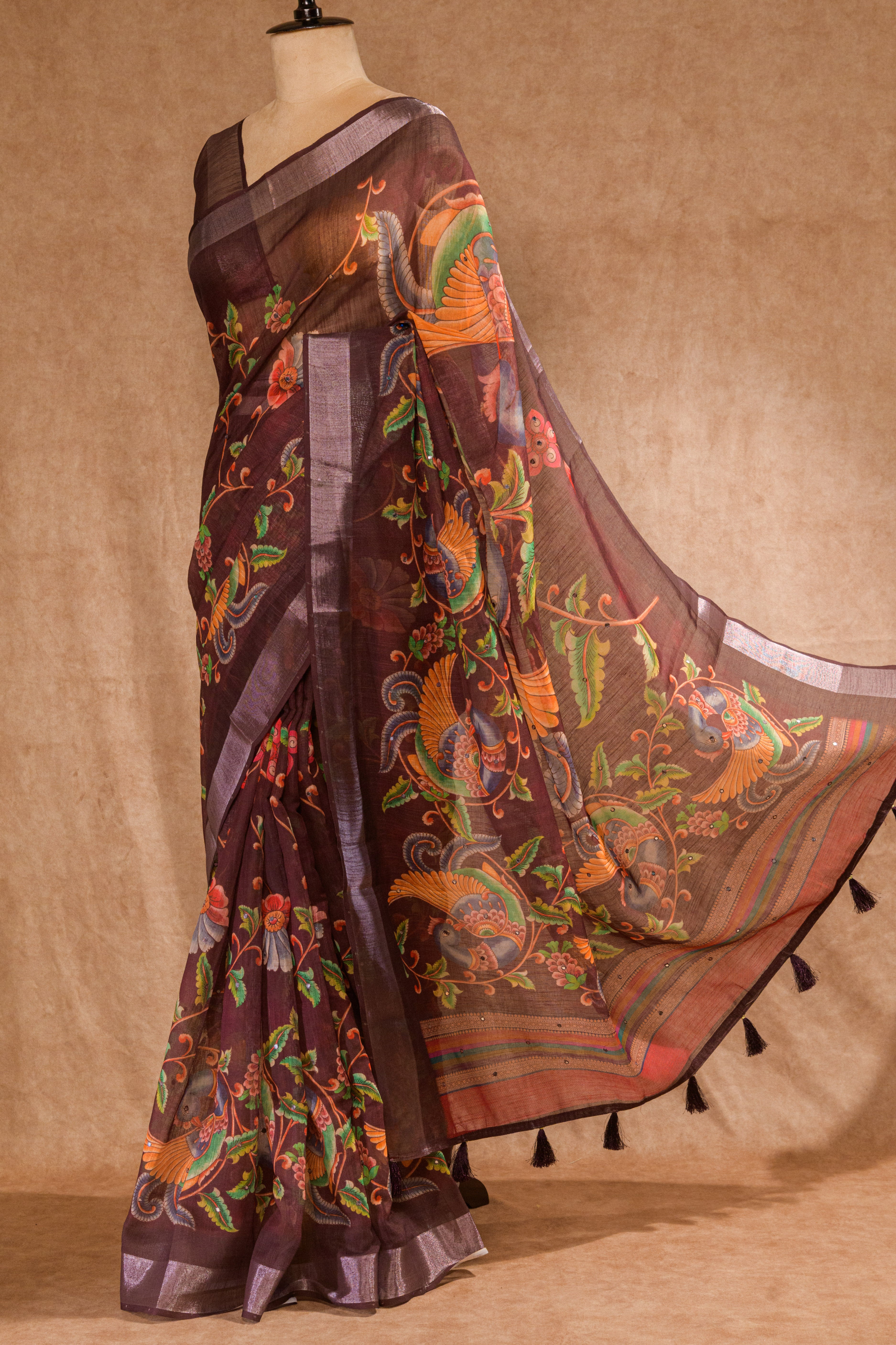 Coffee Brown Semi Linen Saree with Self-Print Blouse Piece