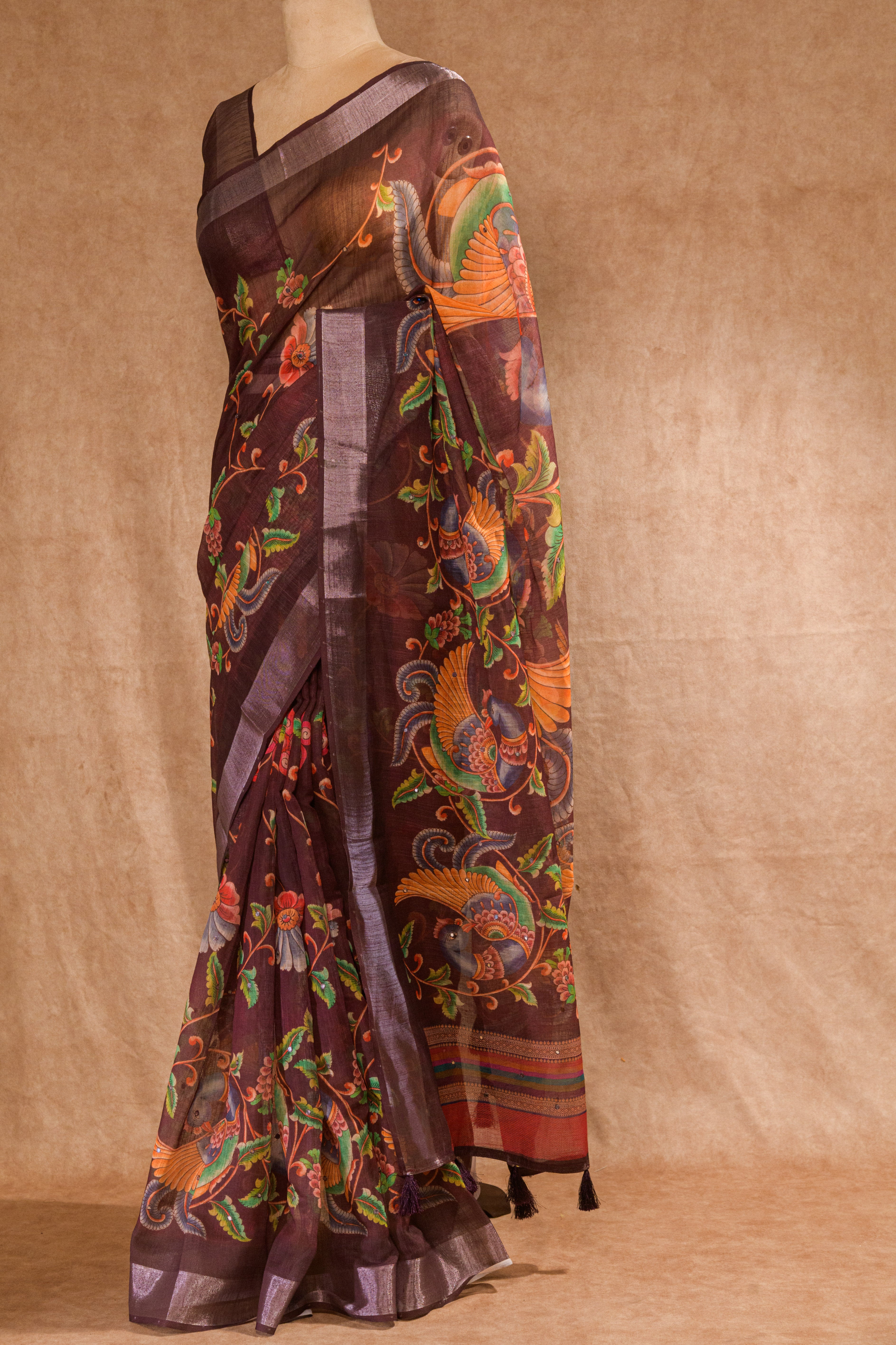 Coffee Brown Semi Linen Saree with Self-Print Blouse Piece