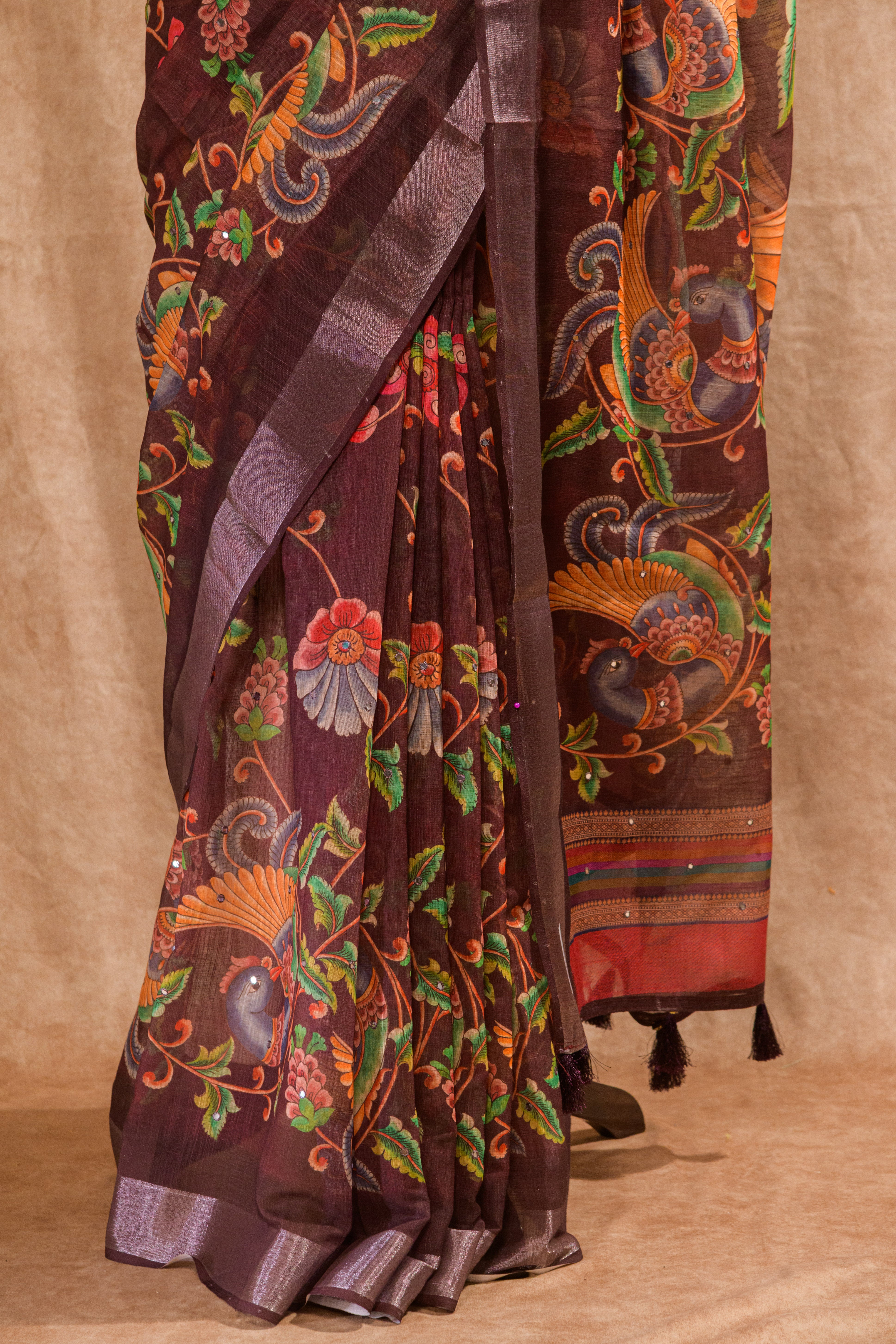 Coffee Brown Semi Linen Saree with Self-Print Blouse Piece