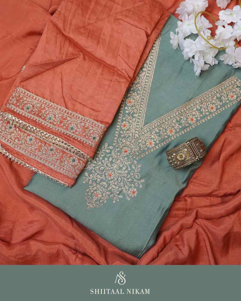 Rust & Teal Muslin Silk Embroidered Kurta Dress Material
