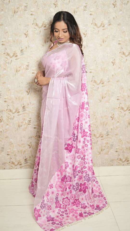 Onion Pink & Lavender Designer Silk Organza Saree with Crystal Hangs on Pallu