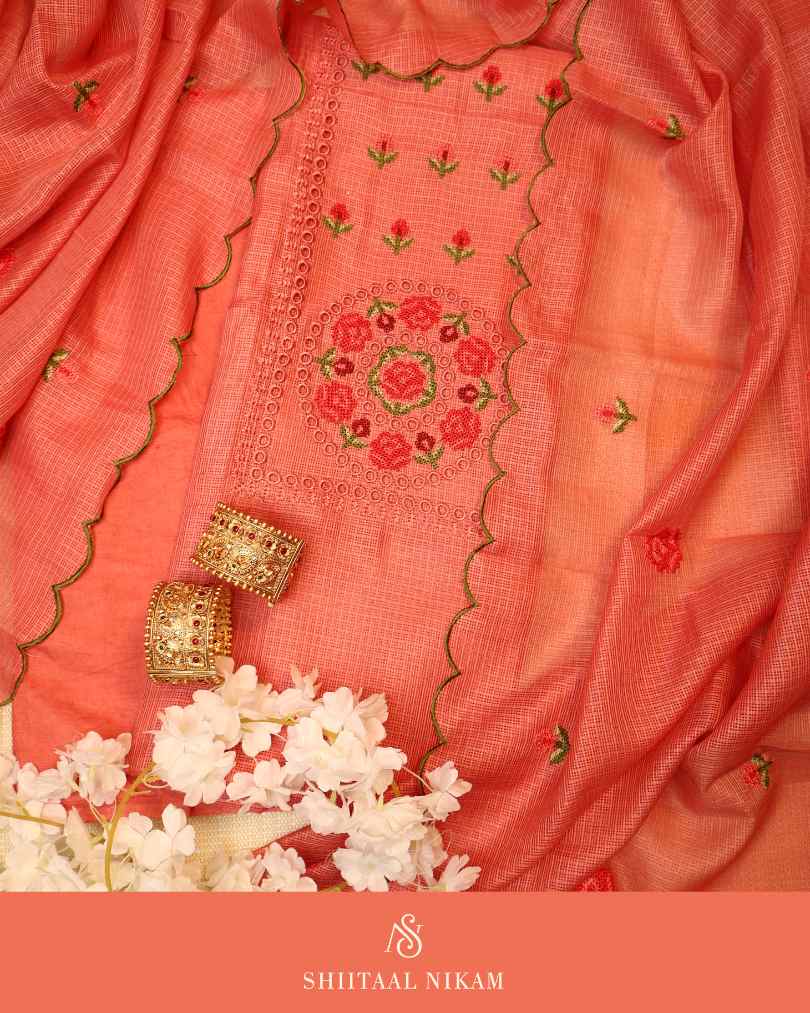 Coral Kota Doria Kurta Suit Set with Embroidery & Cutwork Detailing