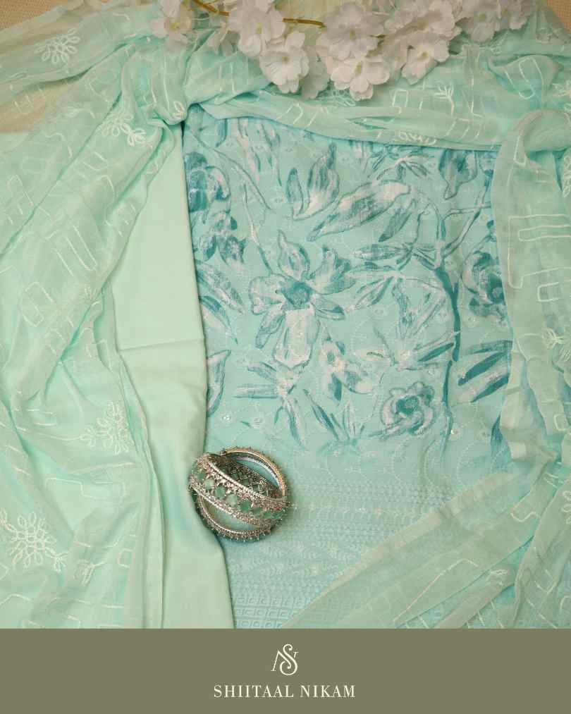 Mint Green Muslin Cotton Kurta Suit Set with Floral Print & Embroidered Chiffon Dupatta
