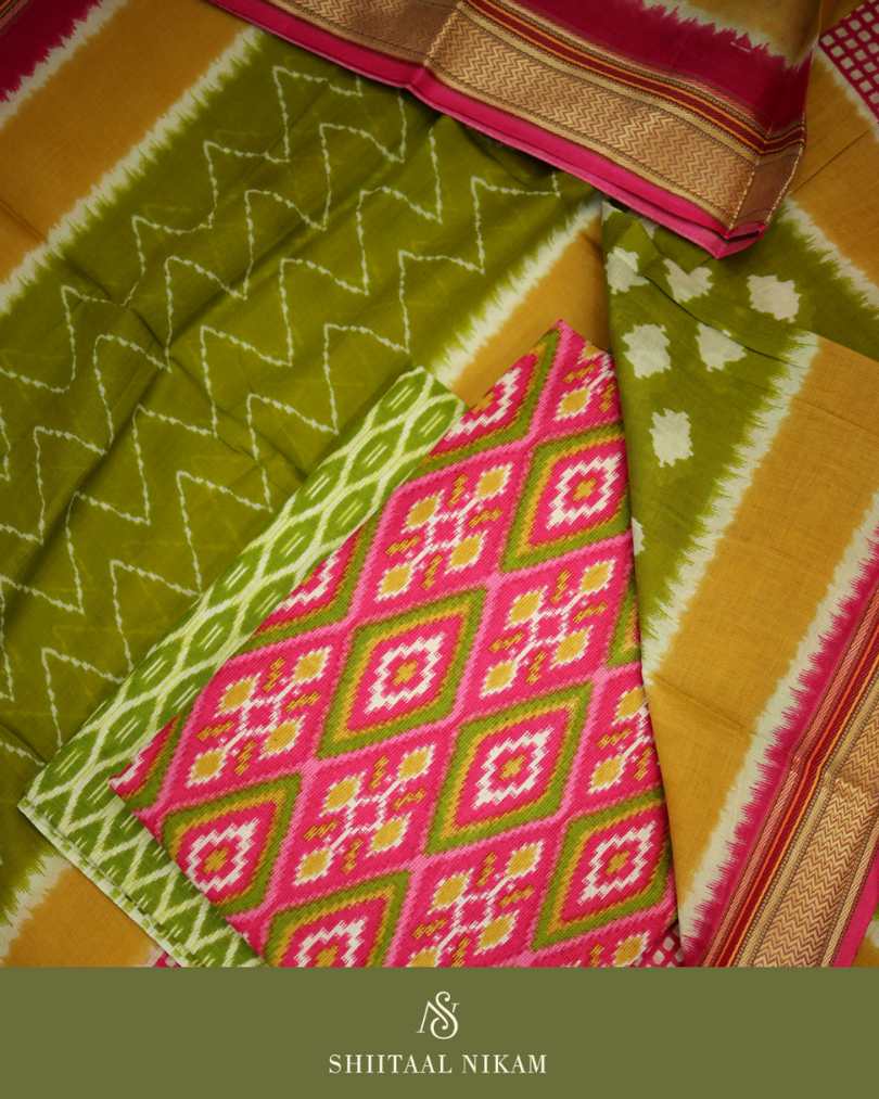 Cotton Suit Set with Patola Print in Green & Pink