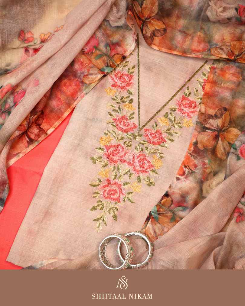 Blush Beige Linen Kurta Suit Set with Floral Embroidery & Digital Printed Dupatta