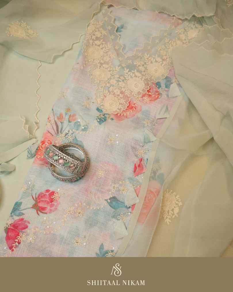 Pastel Blue Muslin Cotton Linen Kurta Suit Set with Floral Embroidery & Organza Dupatta