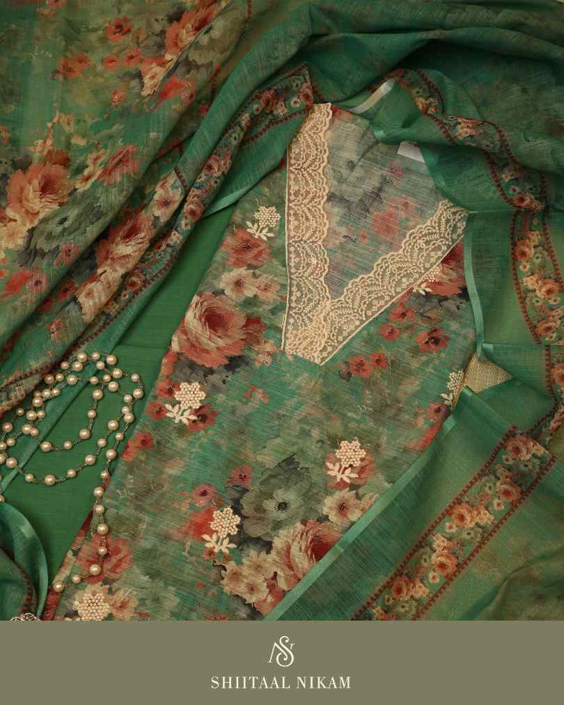 Emerald Green Linen Kurta Suit Set with Floral Print & Lace Neckline