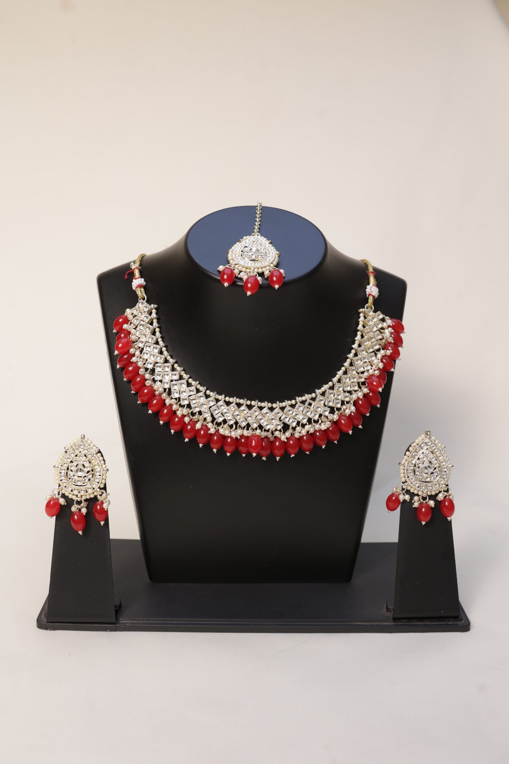 Red Pearl Necklace with Earrings &amp; Maang Tikka