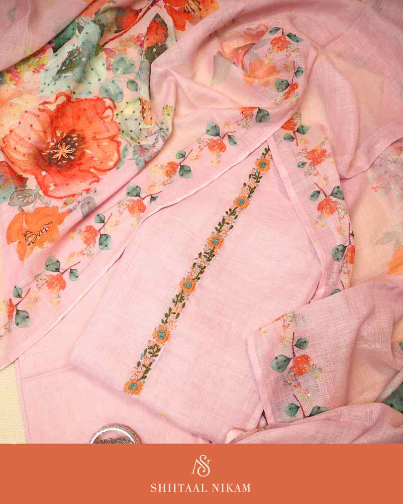 Blush Mauve Linen Kurta Suit Set with Digital Print & Hand Embroidery