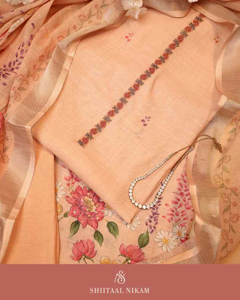 Peach Linen Kurta Suit Set with Floral Butties & Digital Printed Dupatta