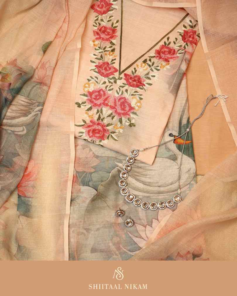 Peach Linen Kurta Suit Set with Floral Embroidery & Digital Printed Dupatta
