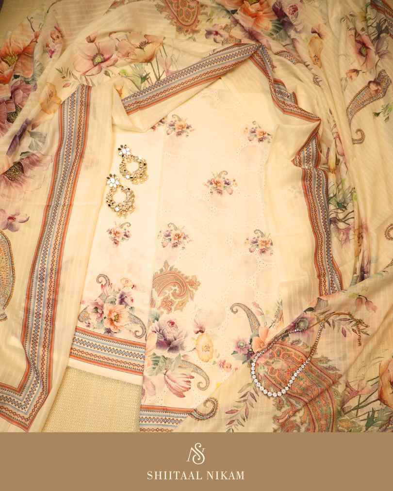 Ivory Floral Printed Cotton Kurta Suit Set with Self Embroidery & Printed Dupatta