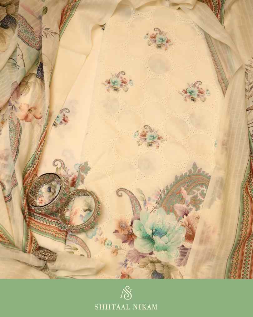 Ivory Blue Floral Cotton Kurta Suit Set with Self Embroidery & Printed Dupatta