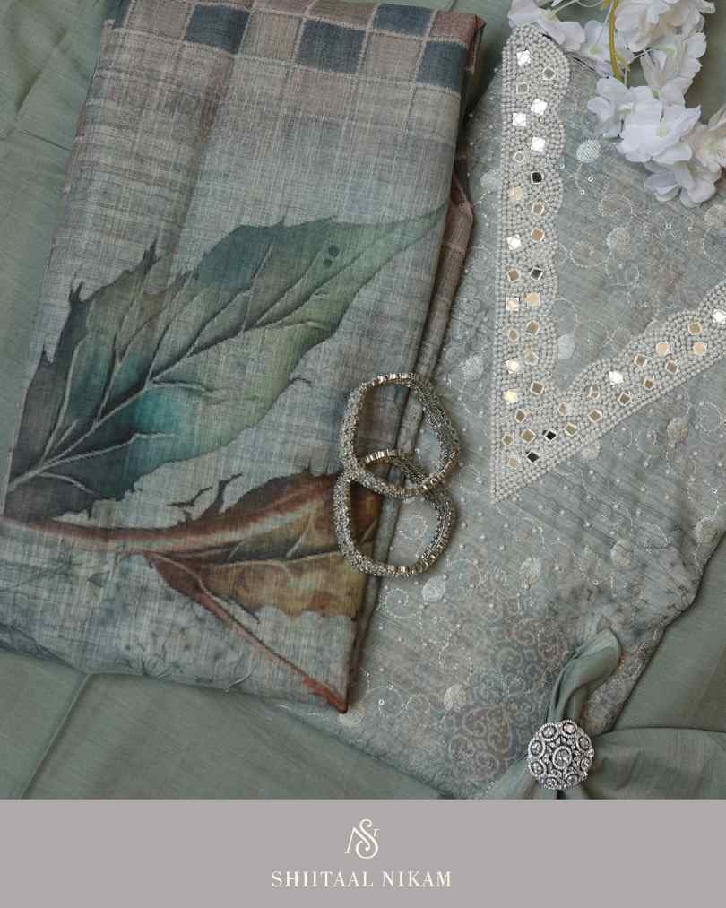 Sage Green Mirror Work Linen Cotton Kurta Dress Material