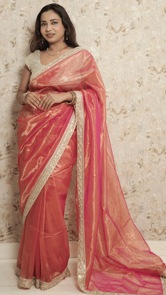 Peach Pink Soft Organza Saree with Golden Zari Sequin Work & Bottle Green Velvet Blouse