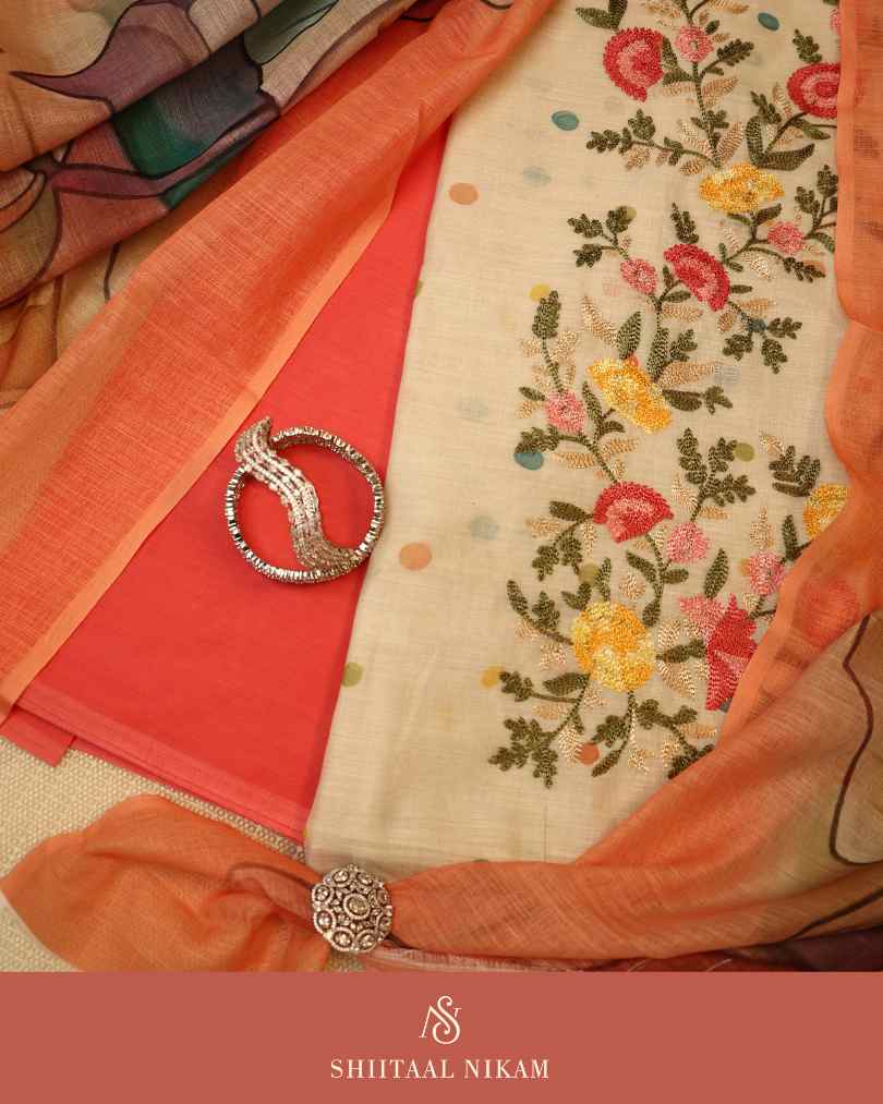 Beige Muslin Cotton Linen Suit Set with Floral Neck Embroidery & Printed Dupatta