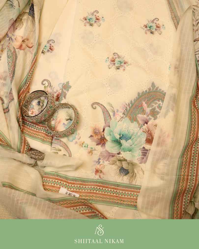 Ivory Soft Cotton Suit Set with Green Floral Digital Print & Self Embroidery