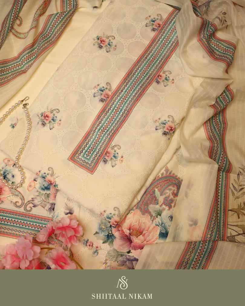 Ivory Soft Cotton Suit Set with Pink Floral Digital Print & Self Embroidery