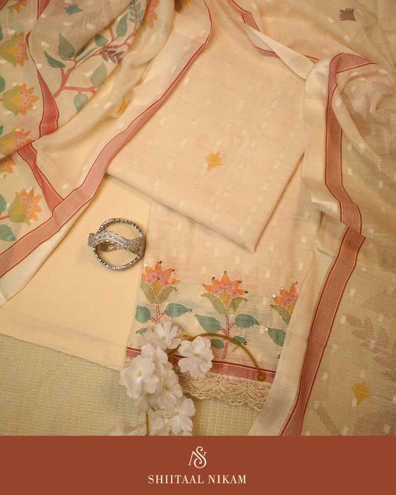 Beige Muslin Cotton Suit Set with Self Butti & Floral Digital Print
