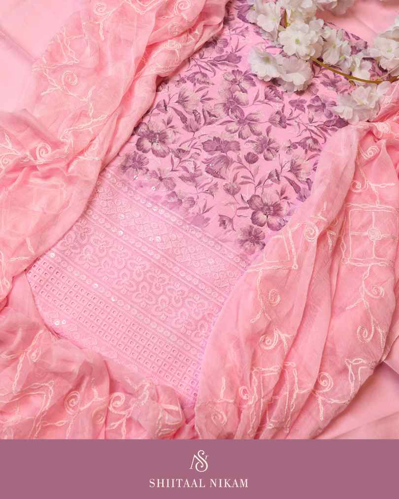 Blush Pink Floral Printed & Embroidered Kurta Dress Material