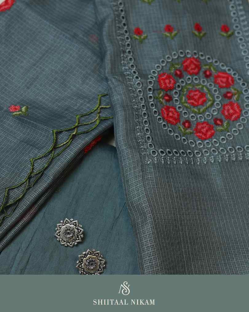 Slate Blue Kota Doria Suit Set with Floral Embroidery, Cutwork & Dupatta