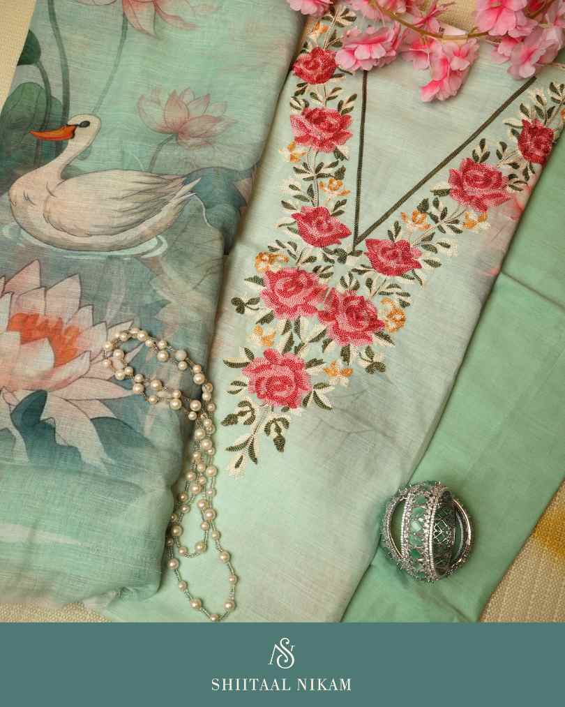 Aqua Green Linen Muslin Cotton Suit Set with Floral Embroidery & Digital Printed Dupatta