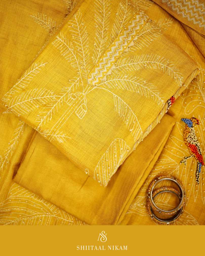 Yellow Linen Hand-Embroidered Suit Set with Bird Motif