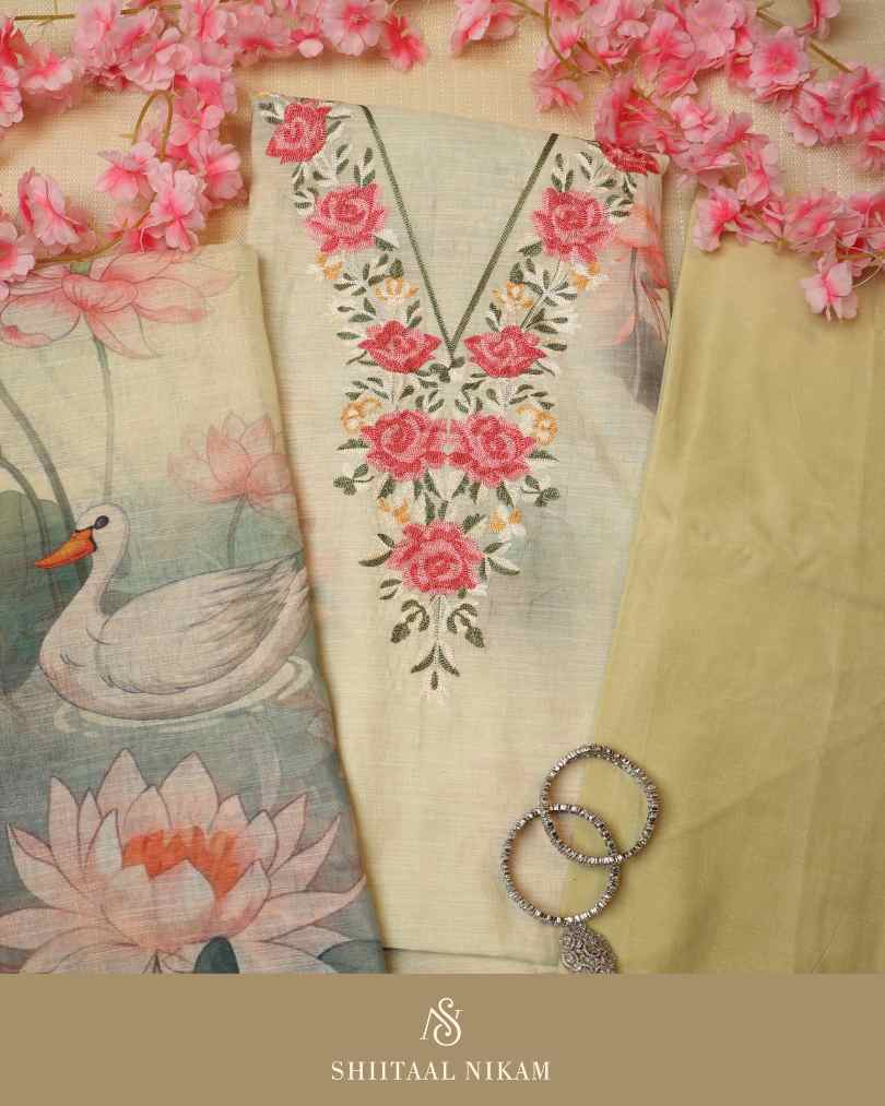 Yellow Mint Linen Muslin Cotton Suit Set with Floral Embroidery & Digital Printed Dupatta
