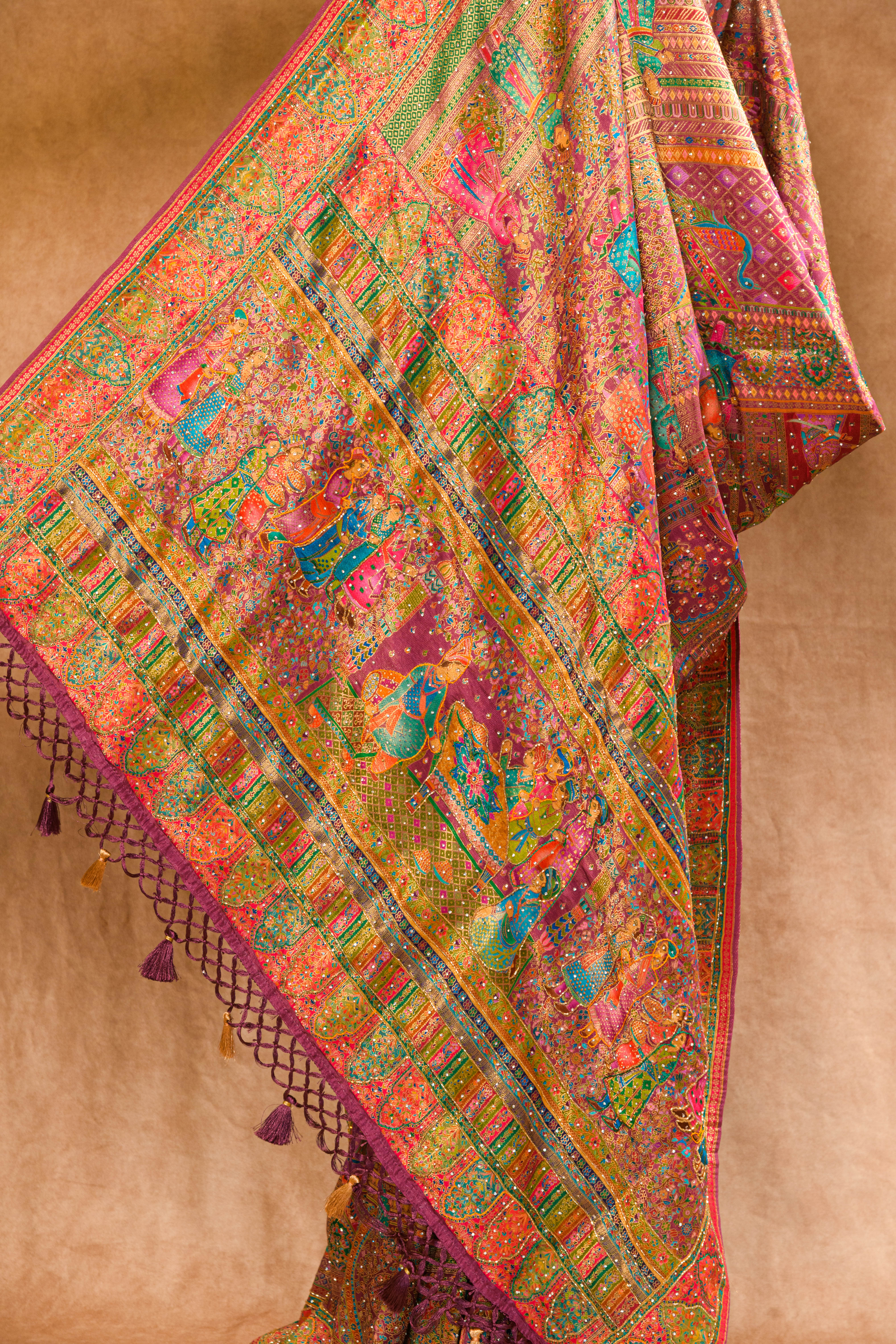 Wine Kanjivaram Tissue Silk Saree with Position Weaving & Cutdana Work