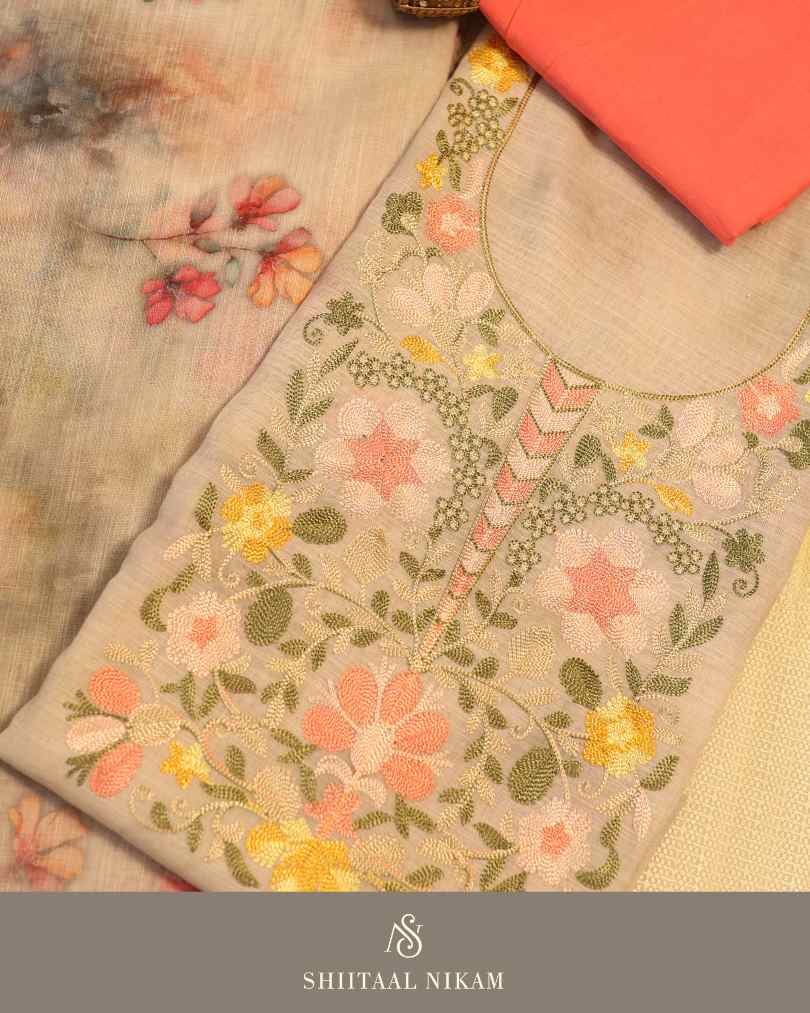 Peach Beige Embroidered Cotton Muslin Linen Suit Set with Digital Printed Dupatta