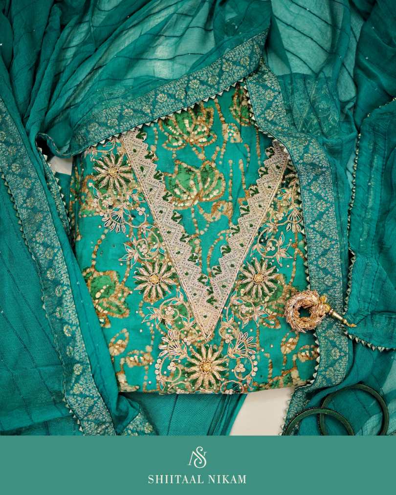 Teal Zardozi Embroidered Suit Set with Chiffon Dupatta