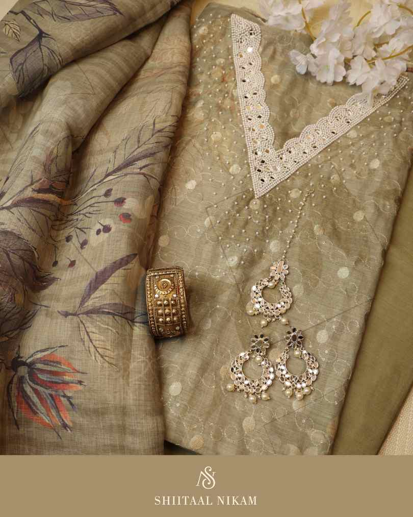 Olive Green Linen Cotton Suit Set with Pearl & Mirror Work and Printed Chanderi Dupatta