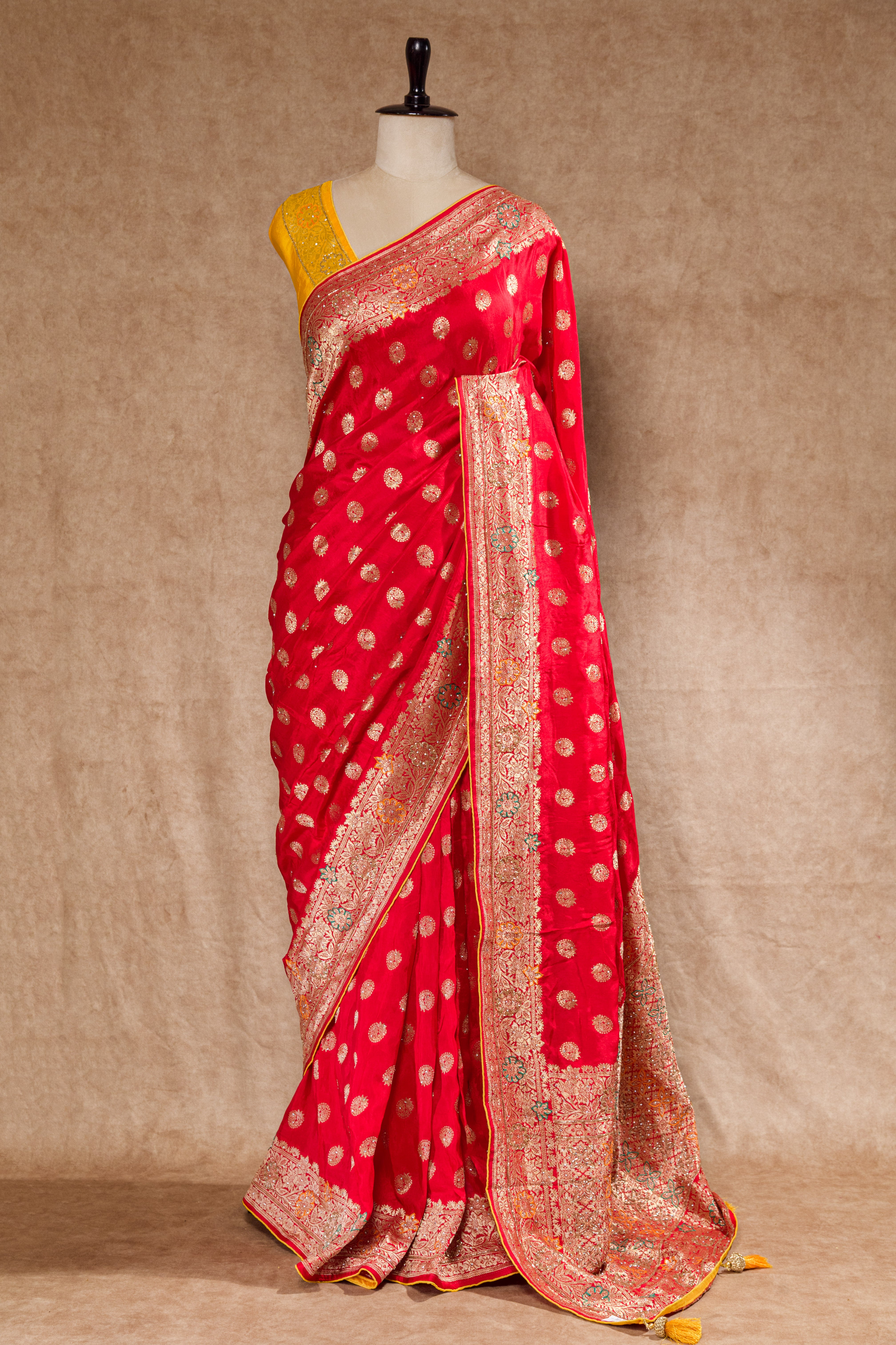 Red & Gold Dolla Weaving Saree with Cutdana Work
