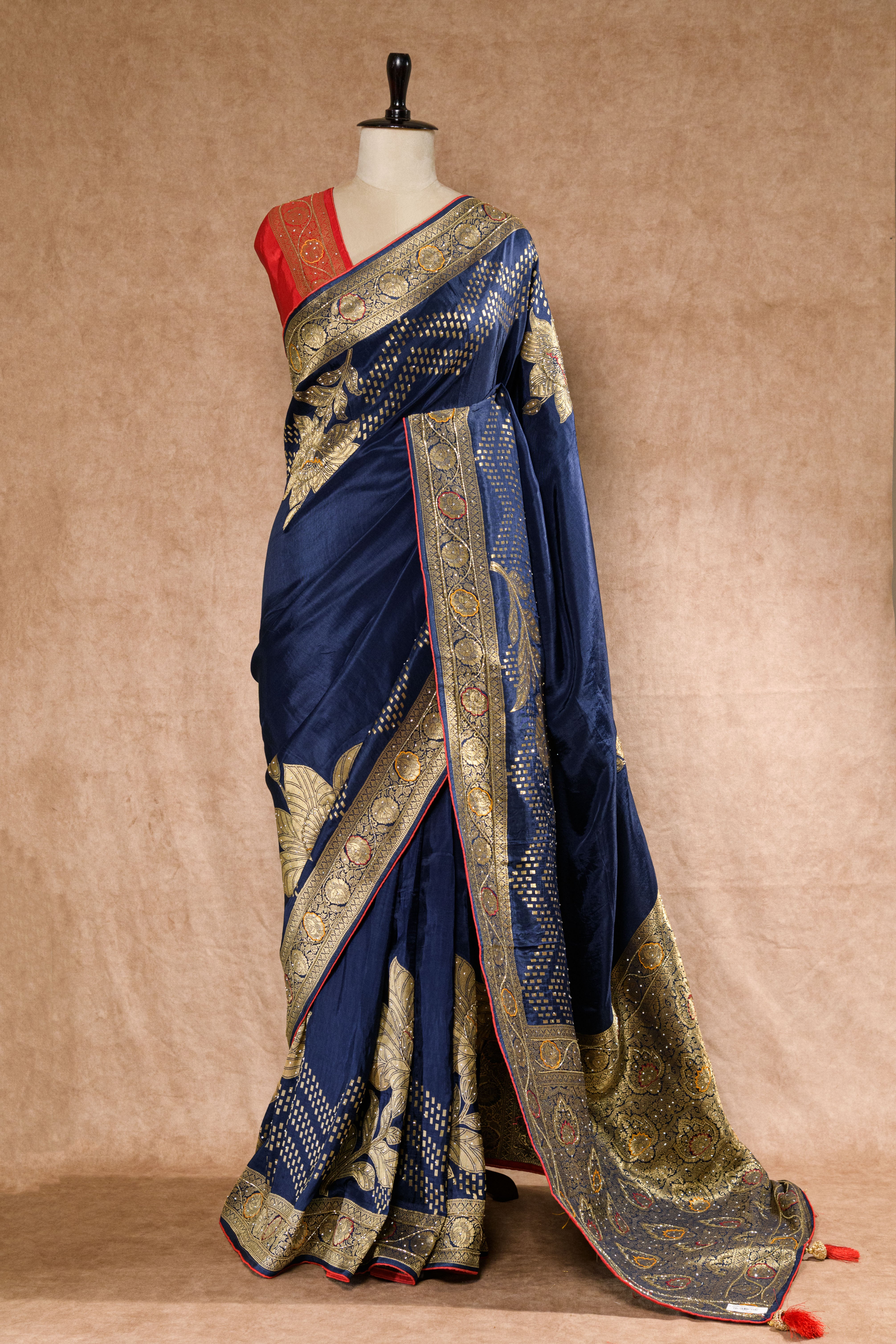 Navy Blue & Red Dolla Weaving Saree with Cutdana & Stone Work