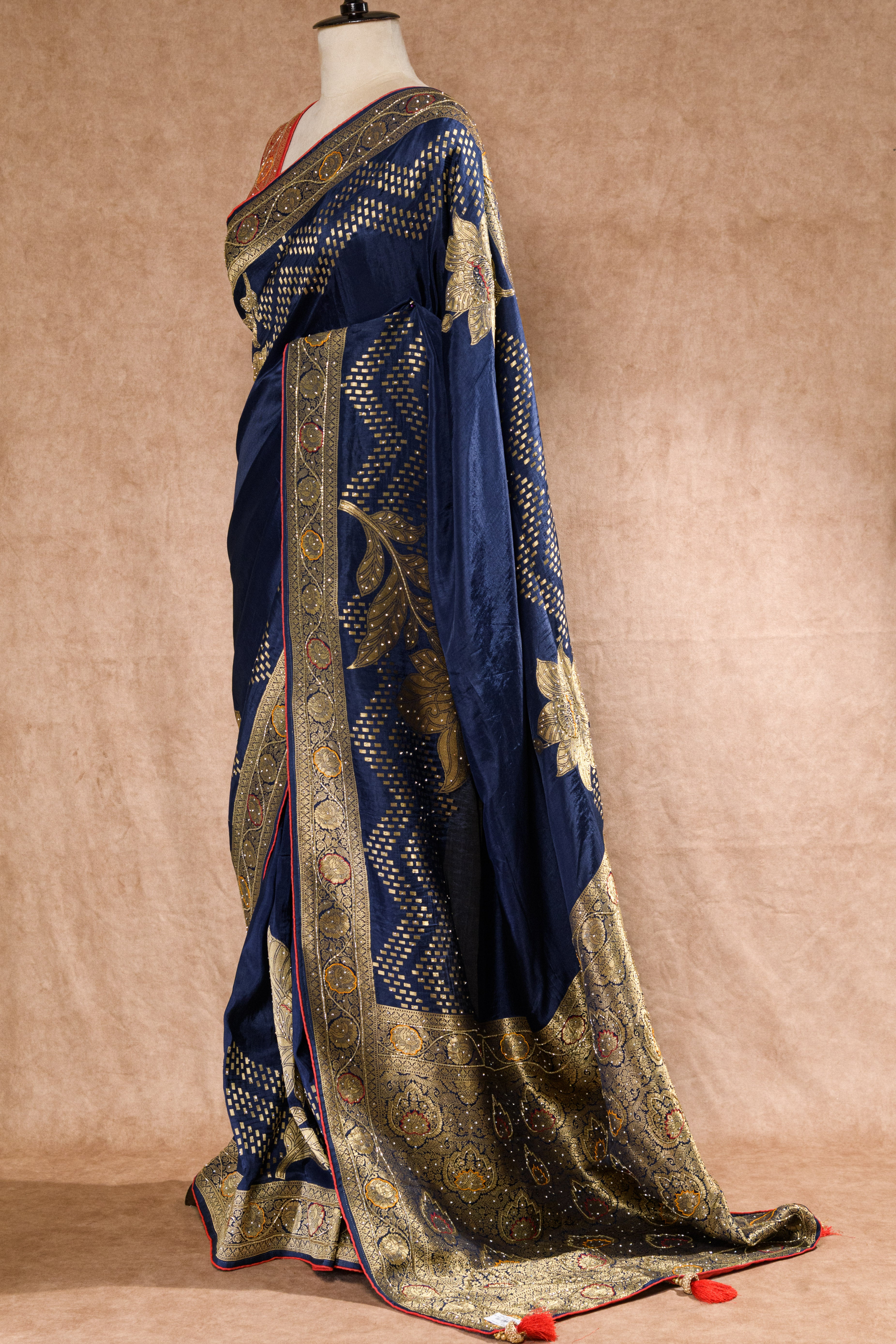 Navy Blue & Red Dolla Weaving Saree with Cutdana & Stone Work