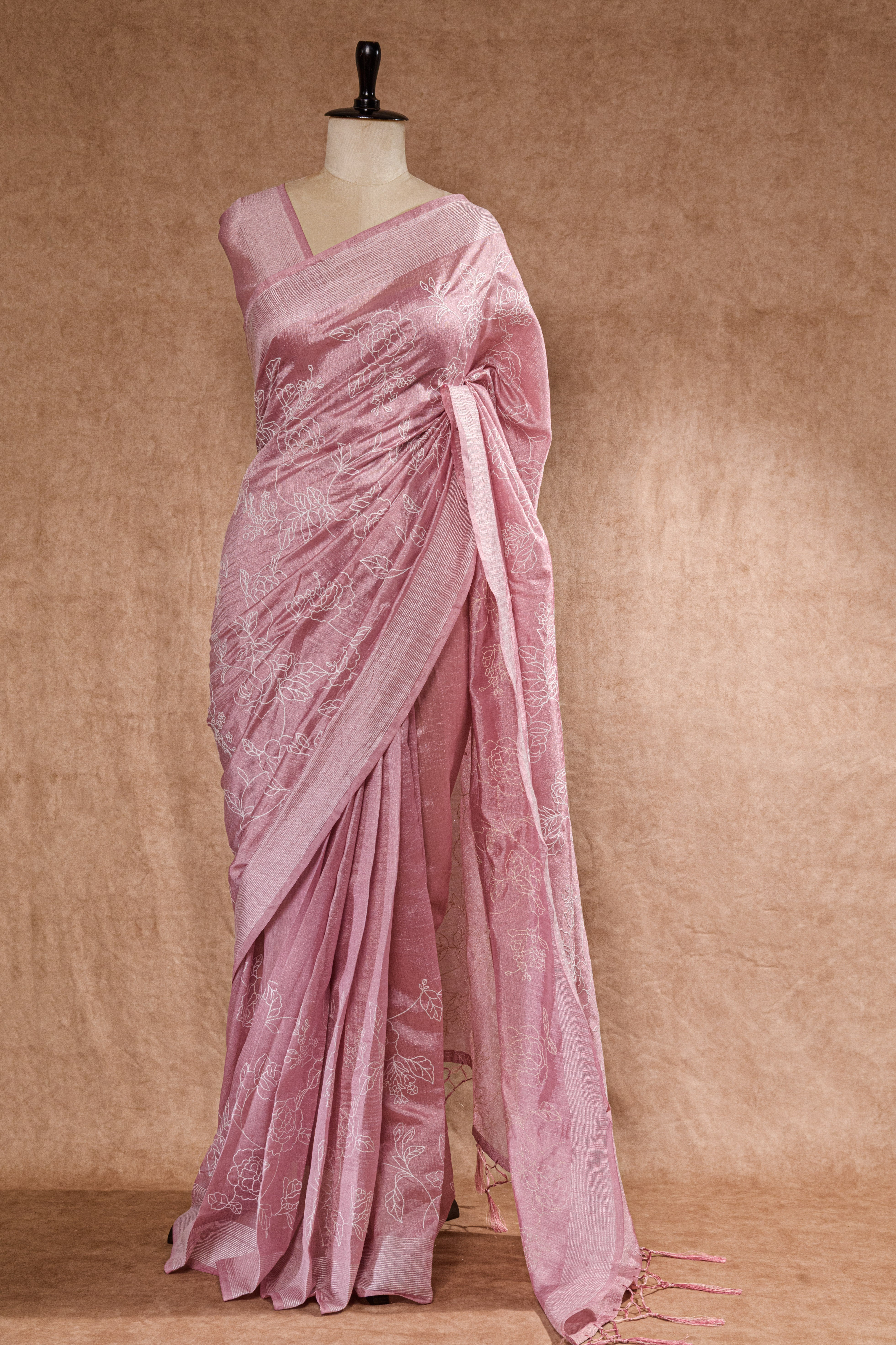 Onion Pink Semi Tussar Saree with All Over Floral Machine Embroidery