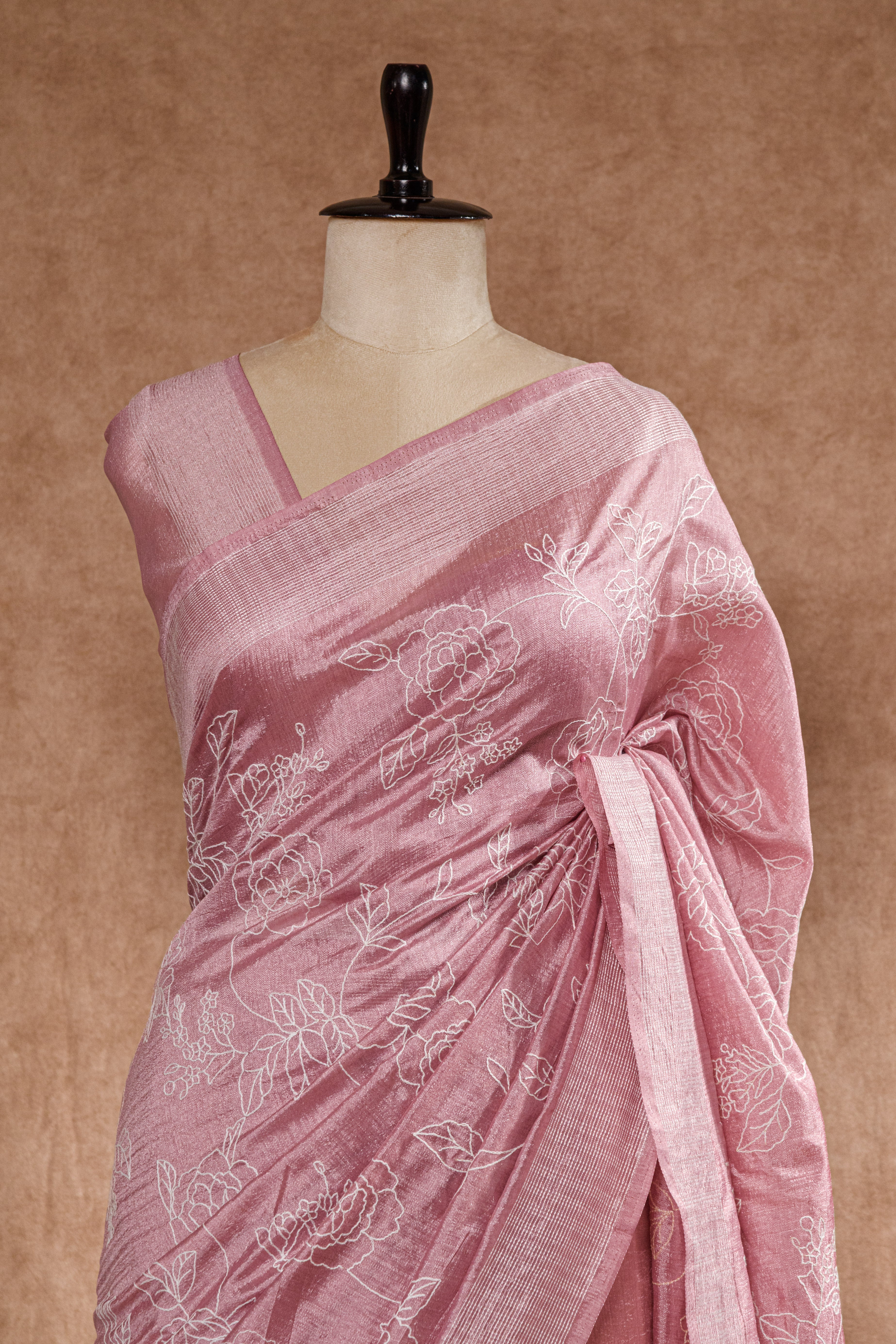 Onion Pink Semi Tussar Saree with All Over Floral Machine Embroidery