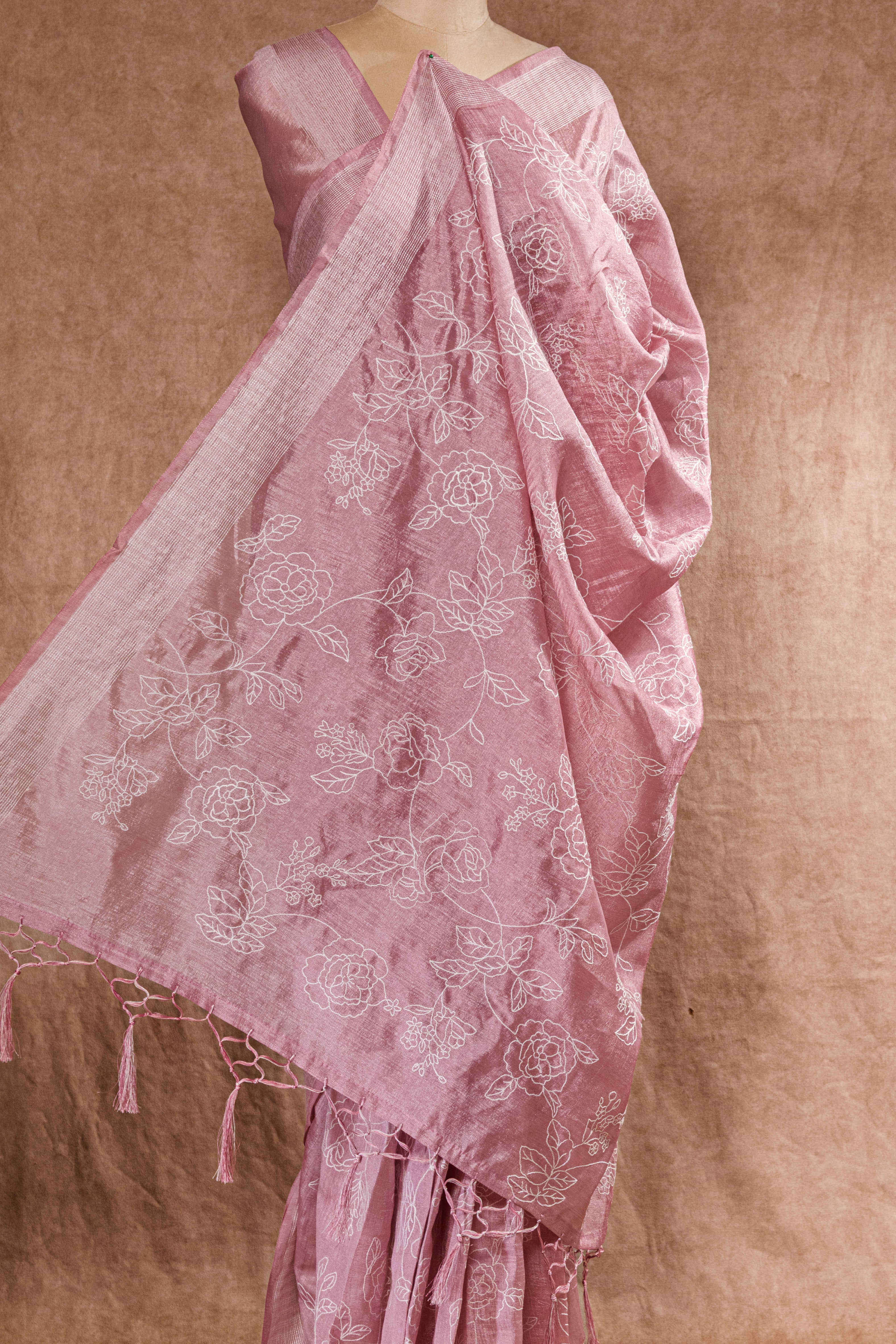 Onion Pink Semi Tussar Saree with All Over Floral Machine Embroidery