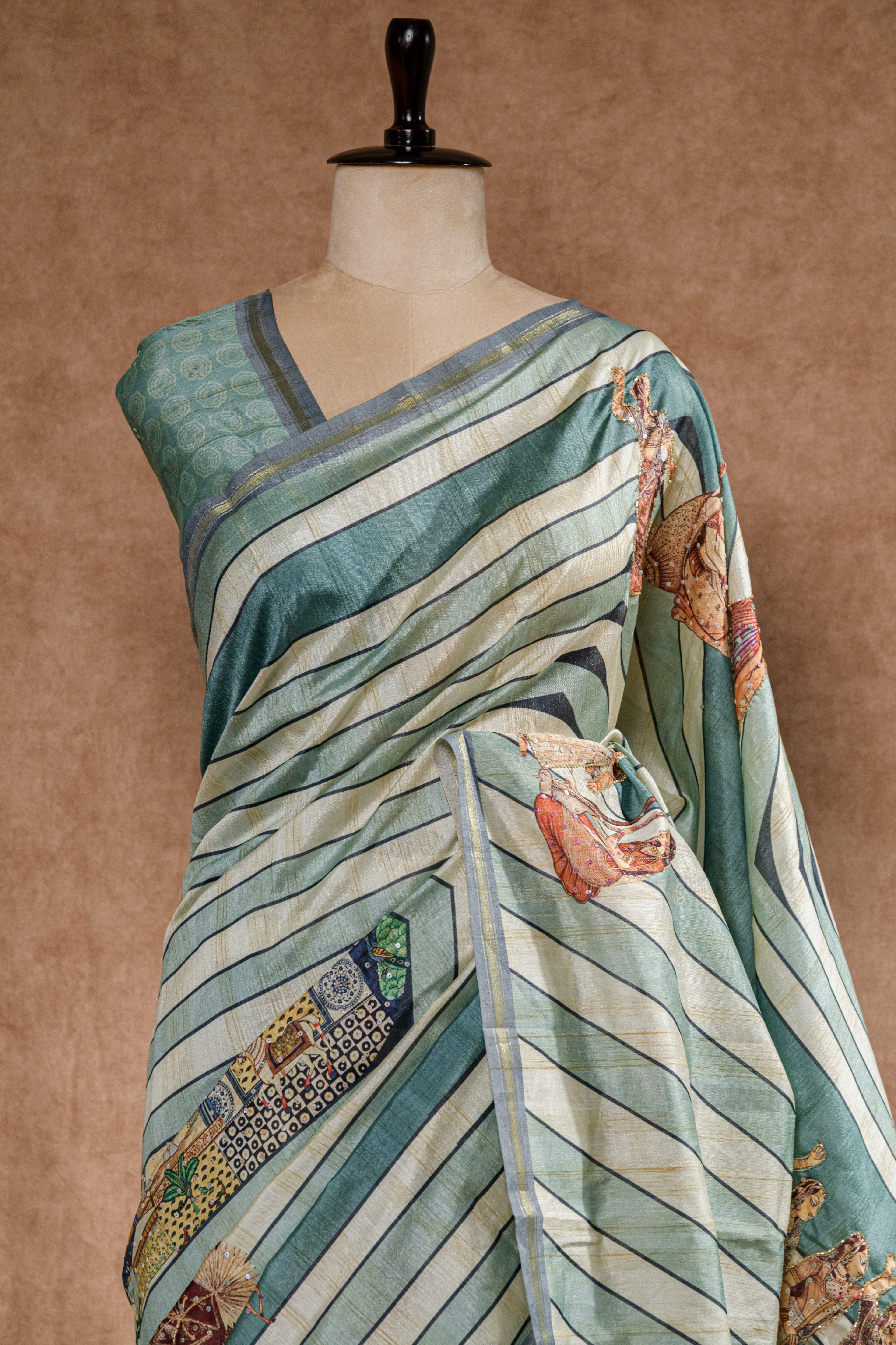 Pastel Rama Green Semi Tussar Saree with Warli Print & Cutdana Work