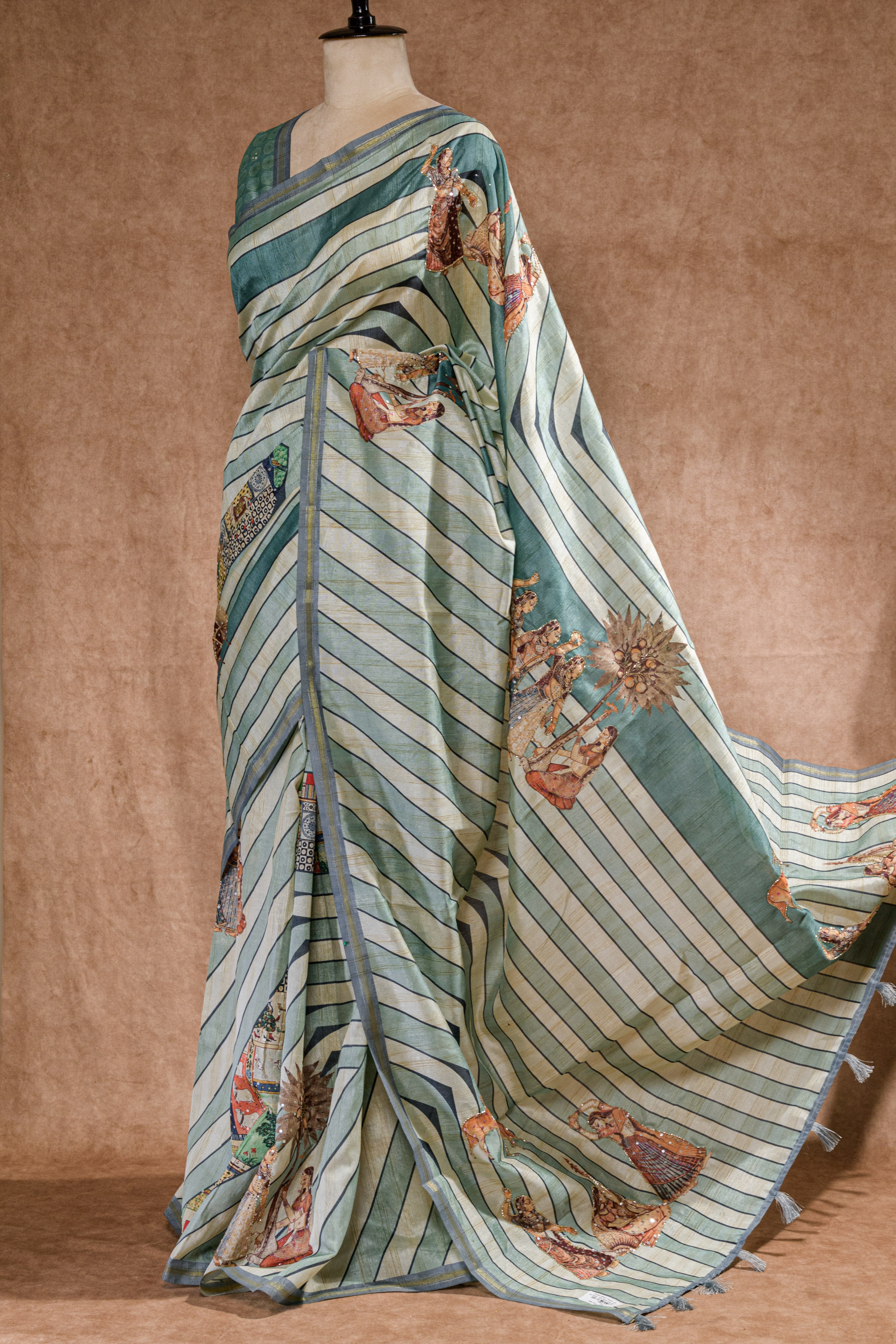 Pastel Rama Green Semi Tussar Saree with Warli Print & Cutdana Work