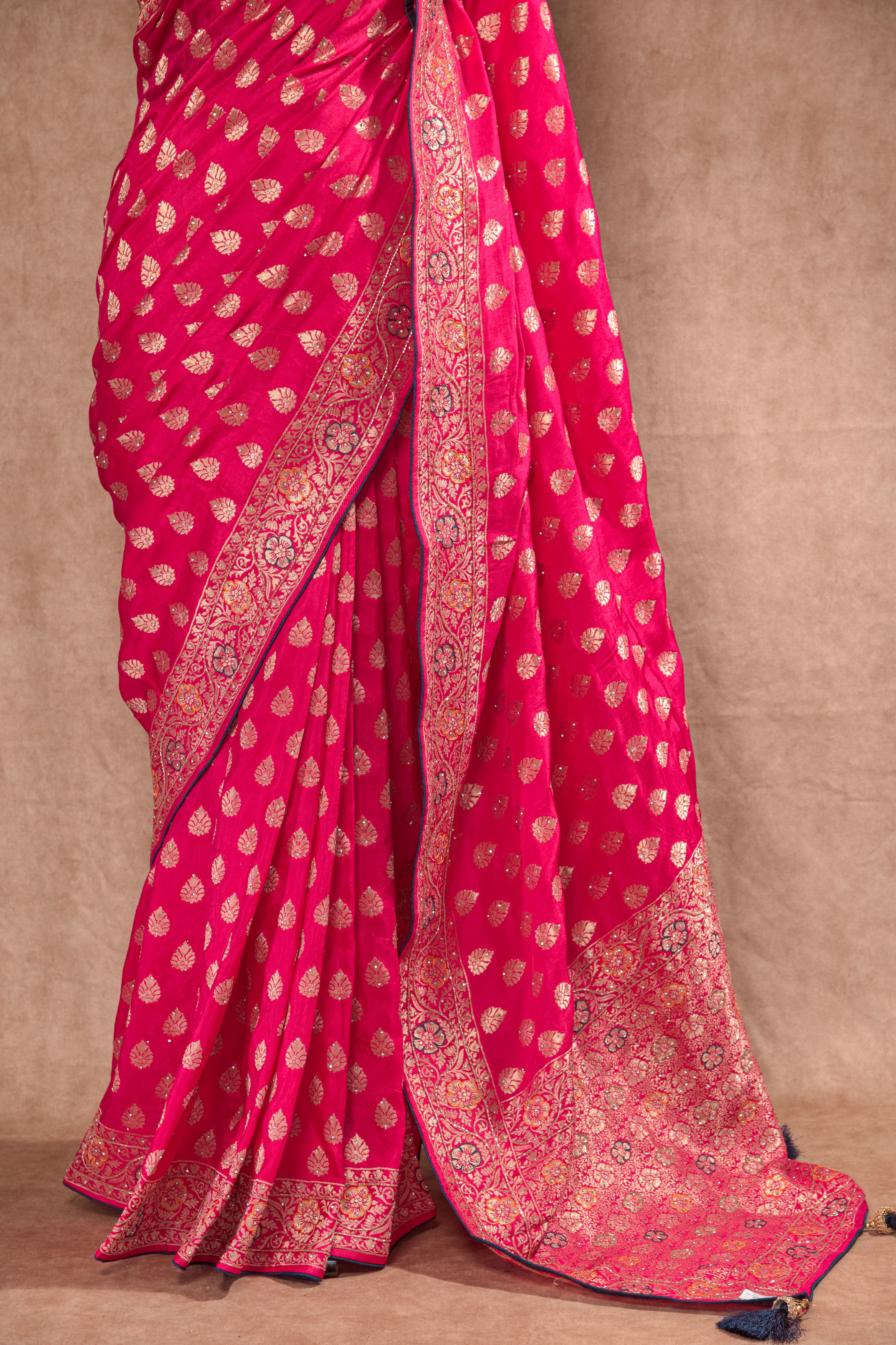 Red & Navy Blue Dolla Weaving Saree with Cutdana Work