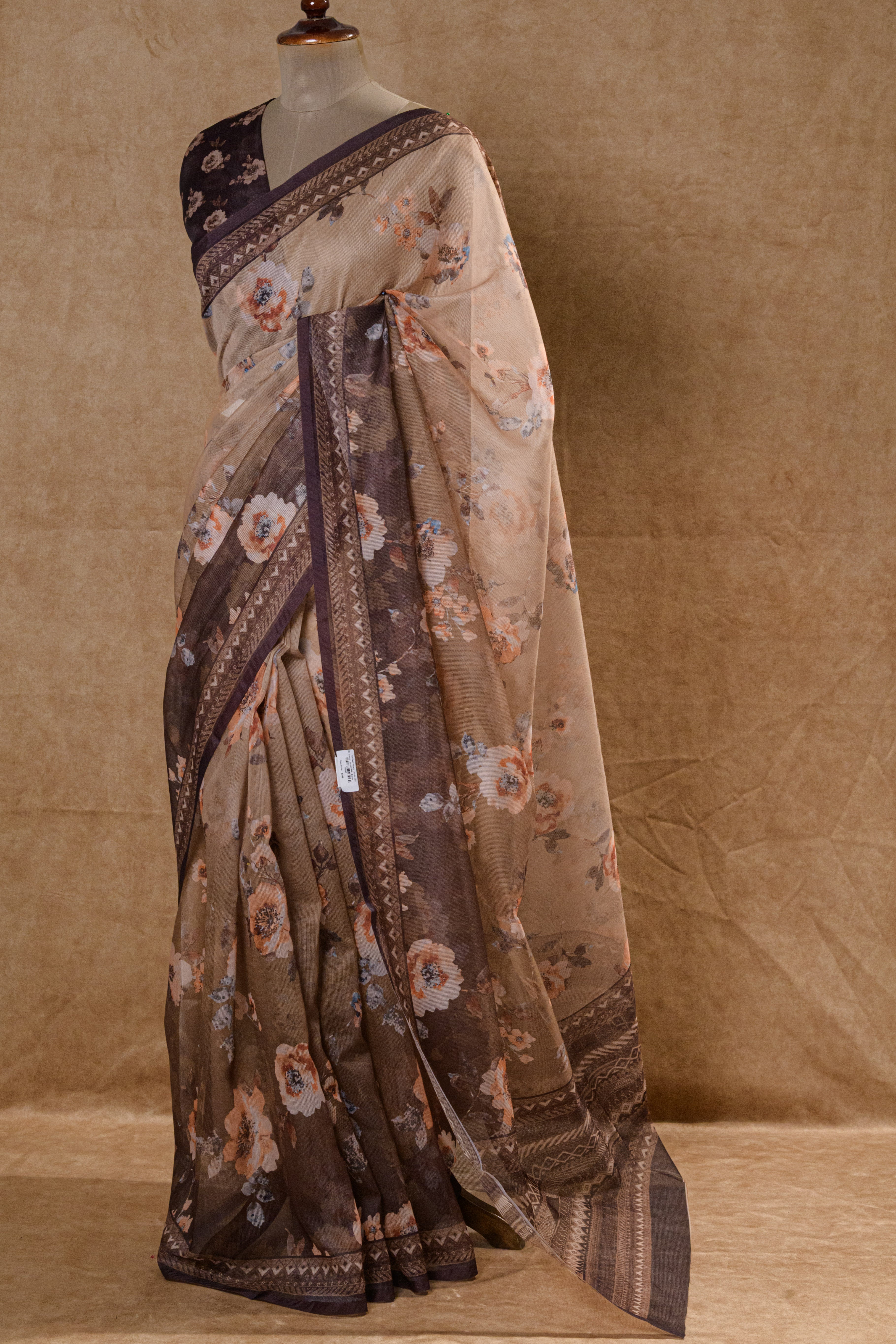 Brown Super Net Saree with Floral Blouse Piece