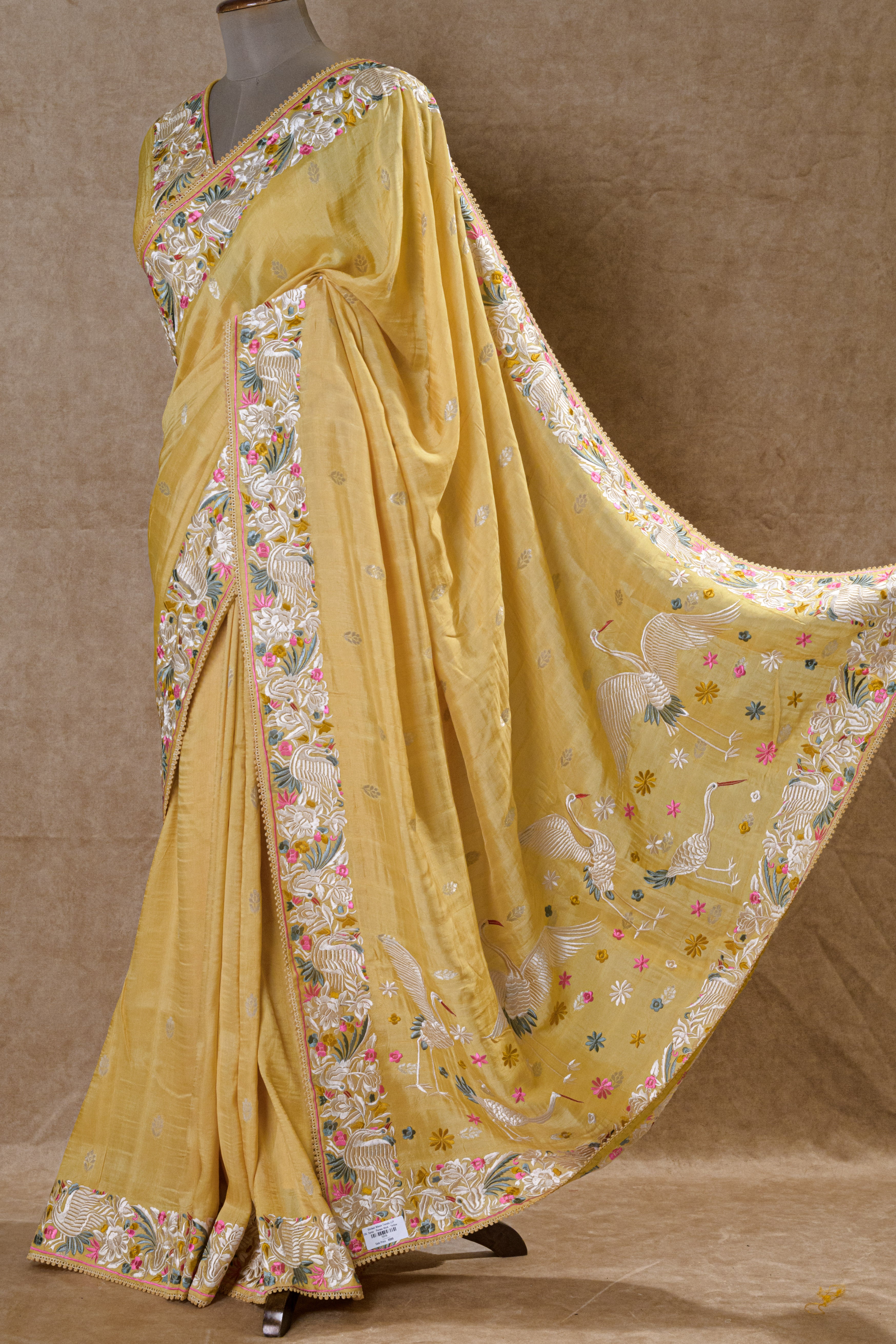 Light Mustard Yellow Silk Saree with Parsi Work and Resham Embroidery