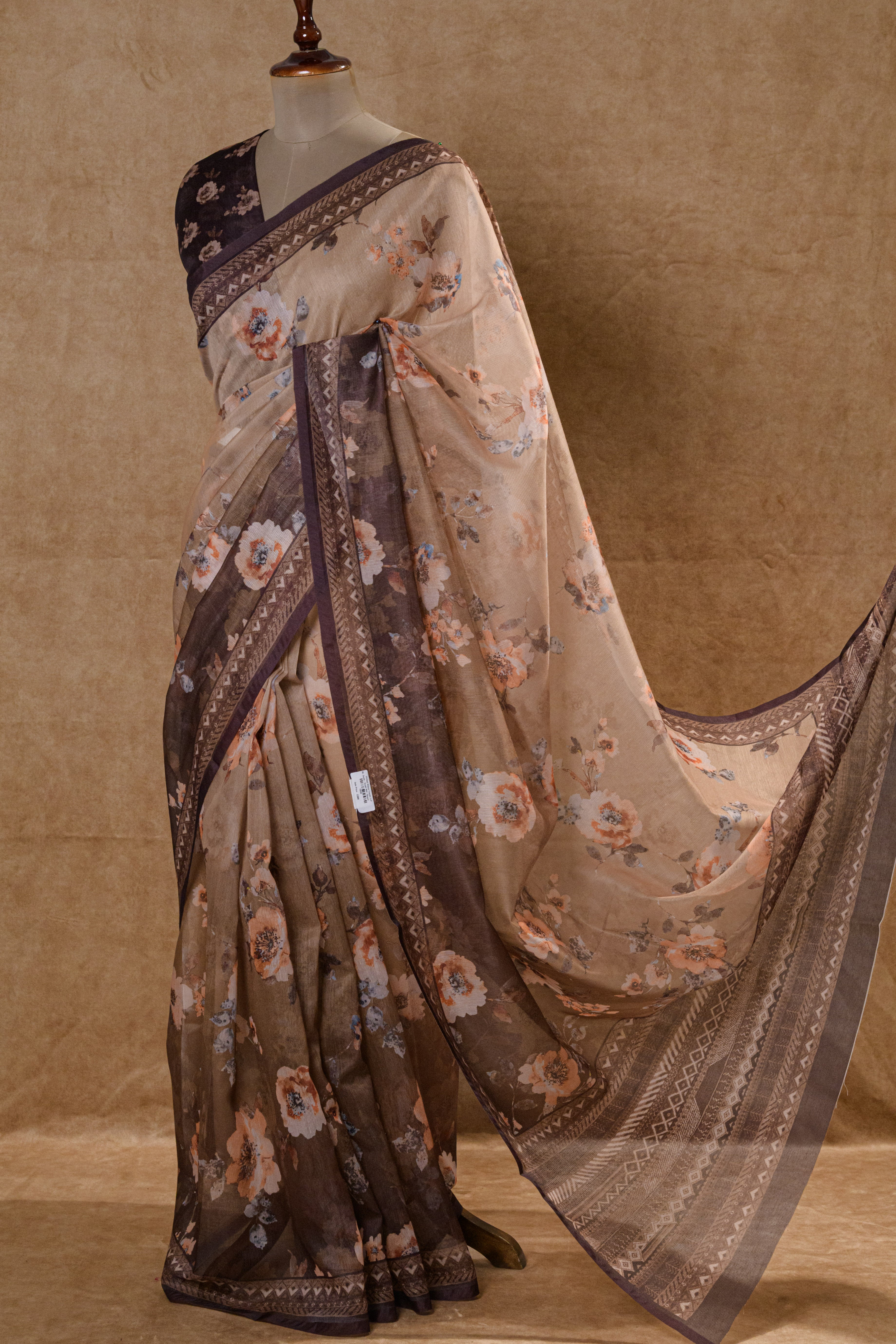 Brown Super Net Saree with Floral Blouse Piece