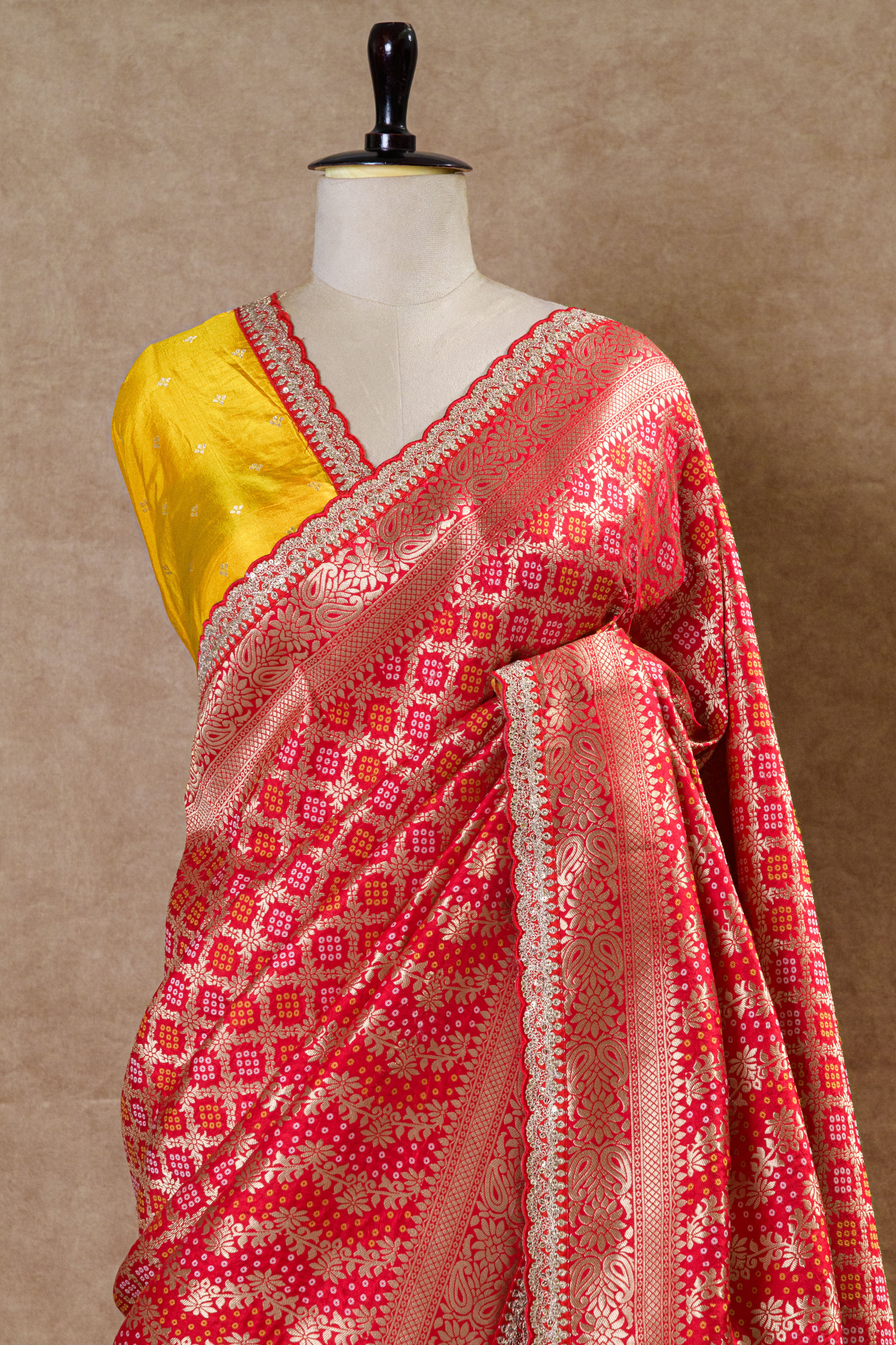 Red & Yellow Dori Silk Organza Saree with Mirror Work and Golden Border
