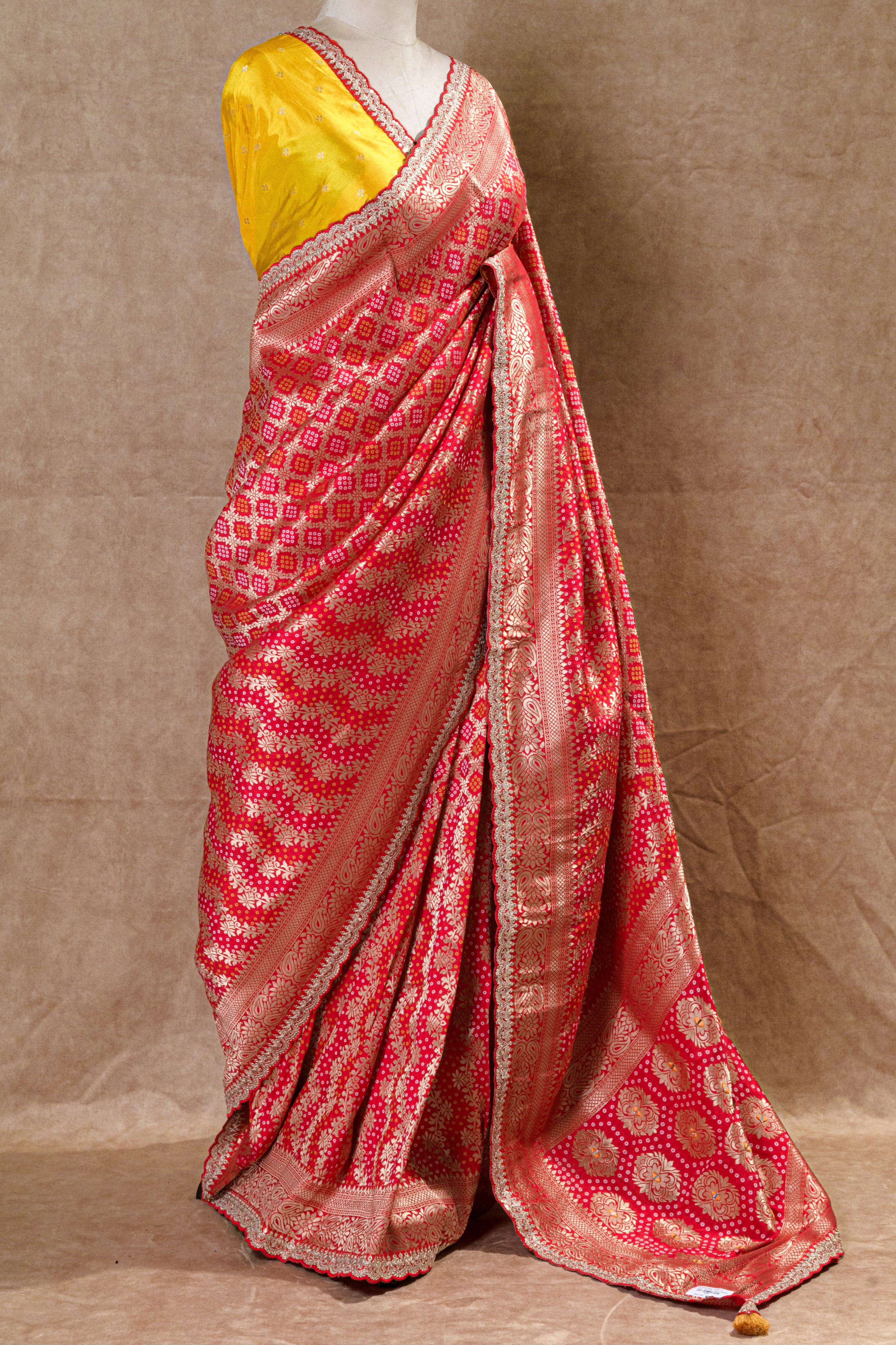 Red & Yellow Dori Silk Organza Saree with Mirror Work and Golden Border