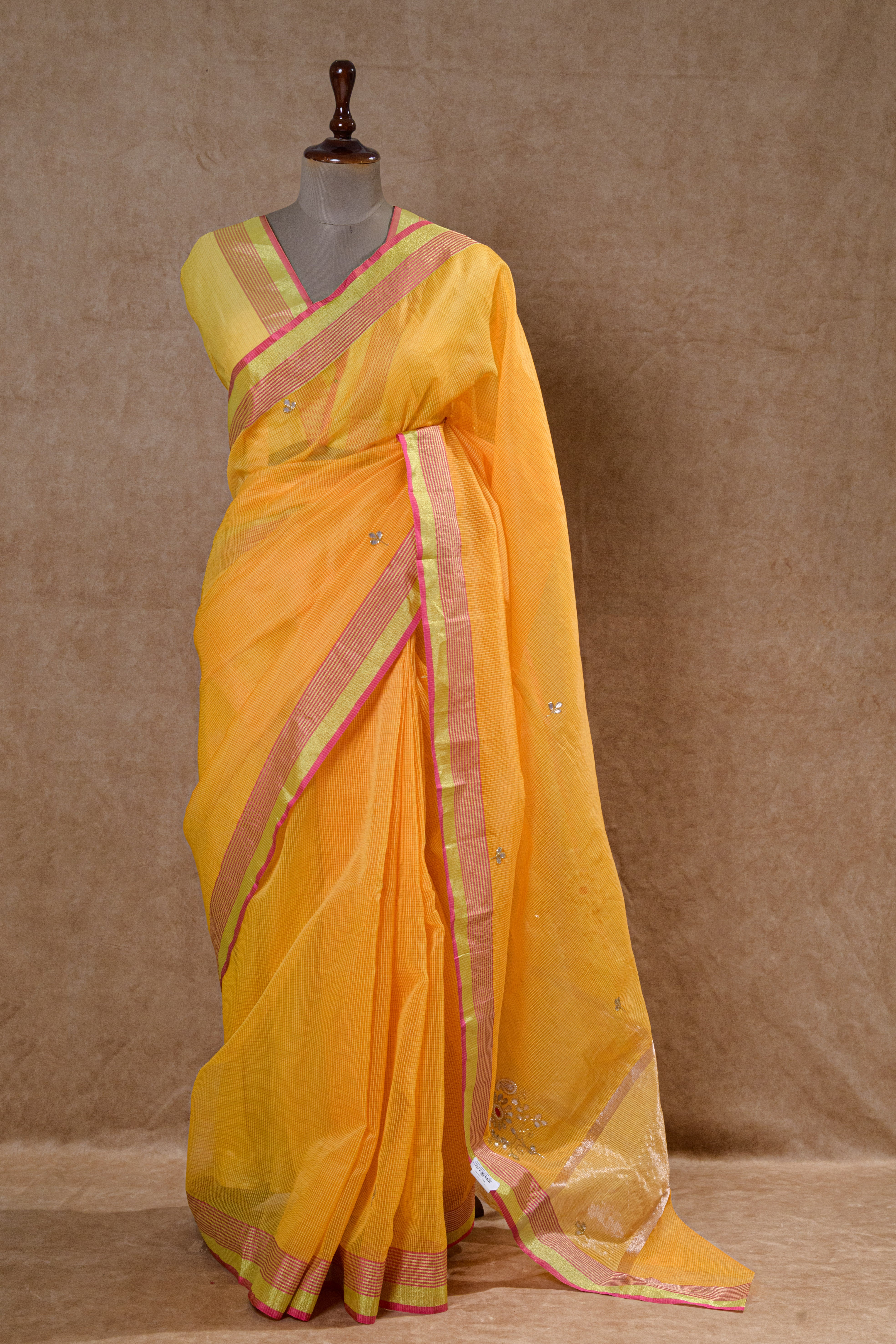 Yellow Kota Doria Handwork Saree with Golden Border