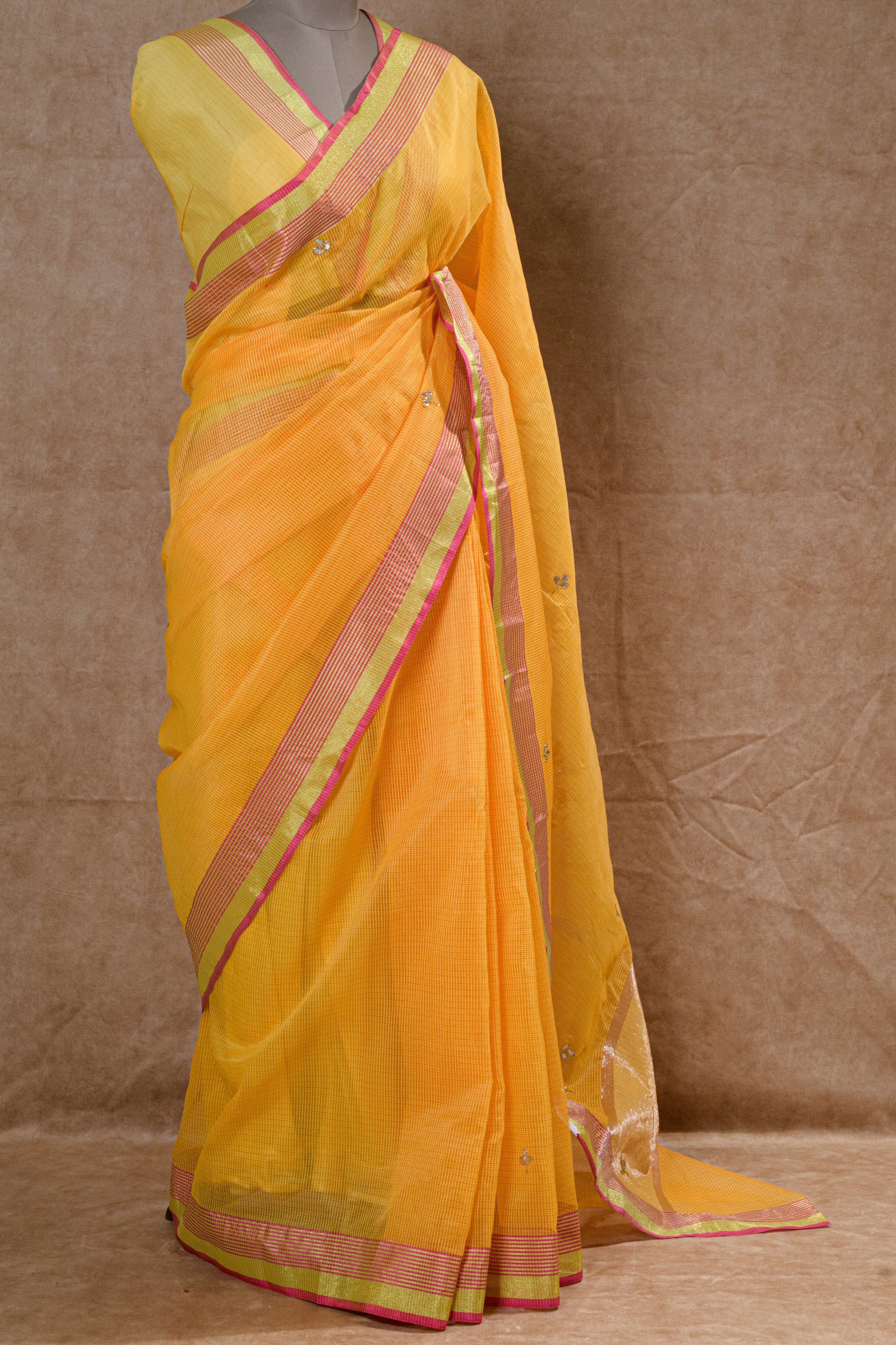 Yellow Kota Doria Handwork Saree with Golden Border