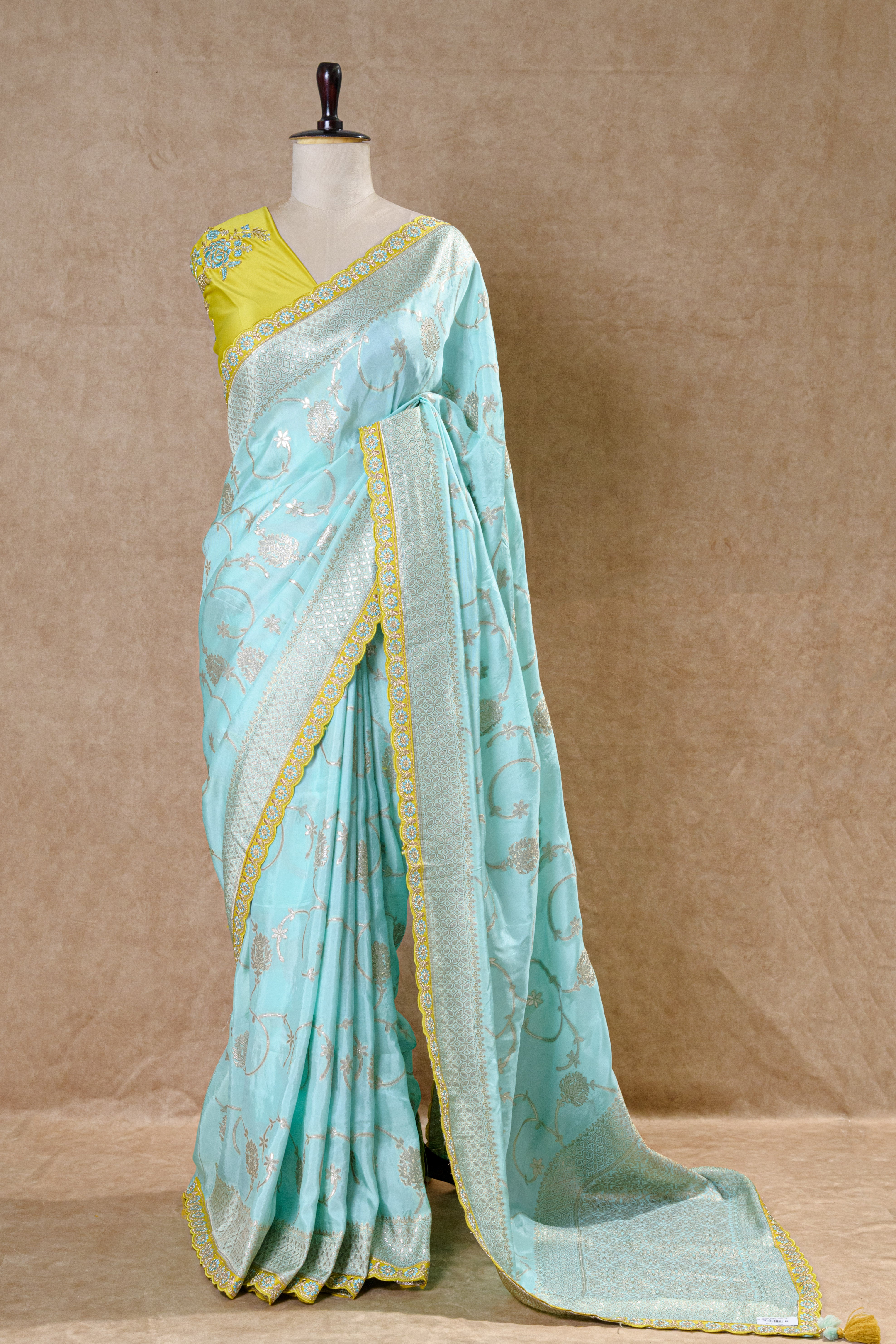 Pista Mint Designer Silk Saree with Silver-Golden Zari and Mirror Work